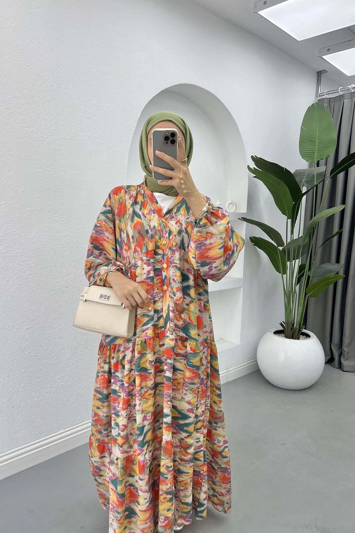 Mango Kumaş Desenli Elbise Kırmızı