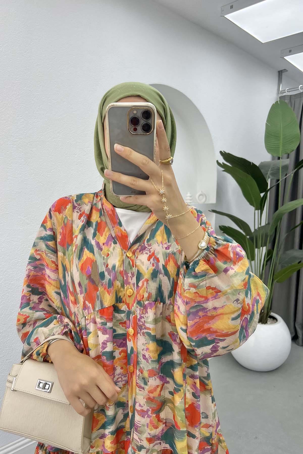 Mango Kumaş Desenli Elbise Kırmızı