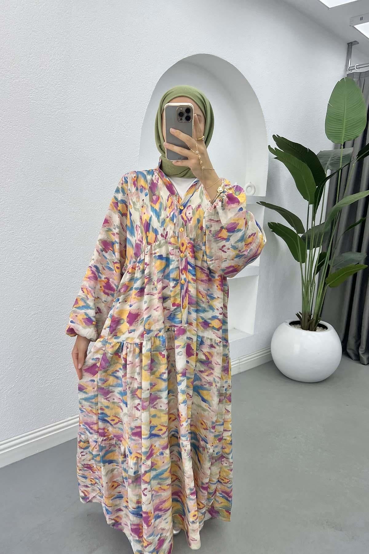 Mango Kumaş Desenli Elbise Mor