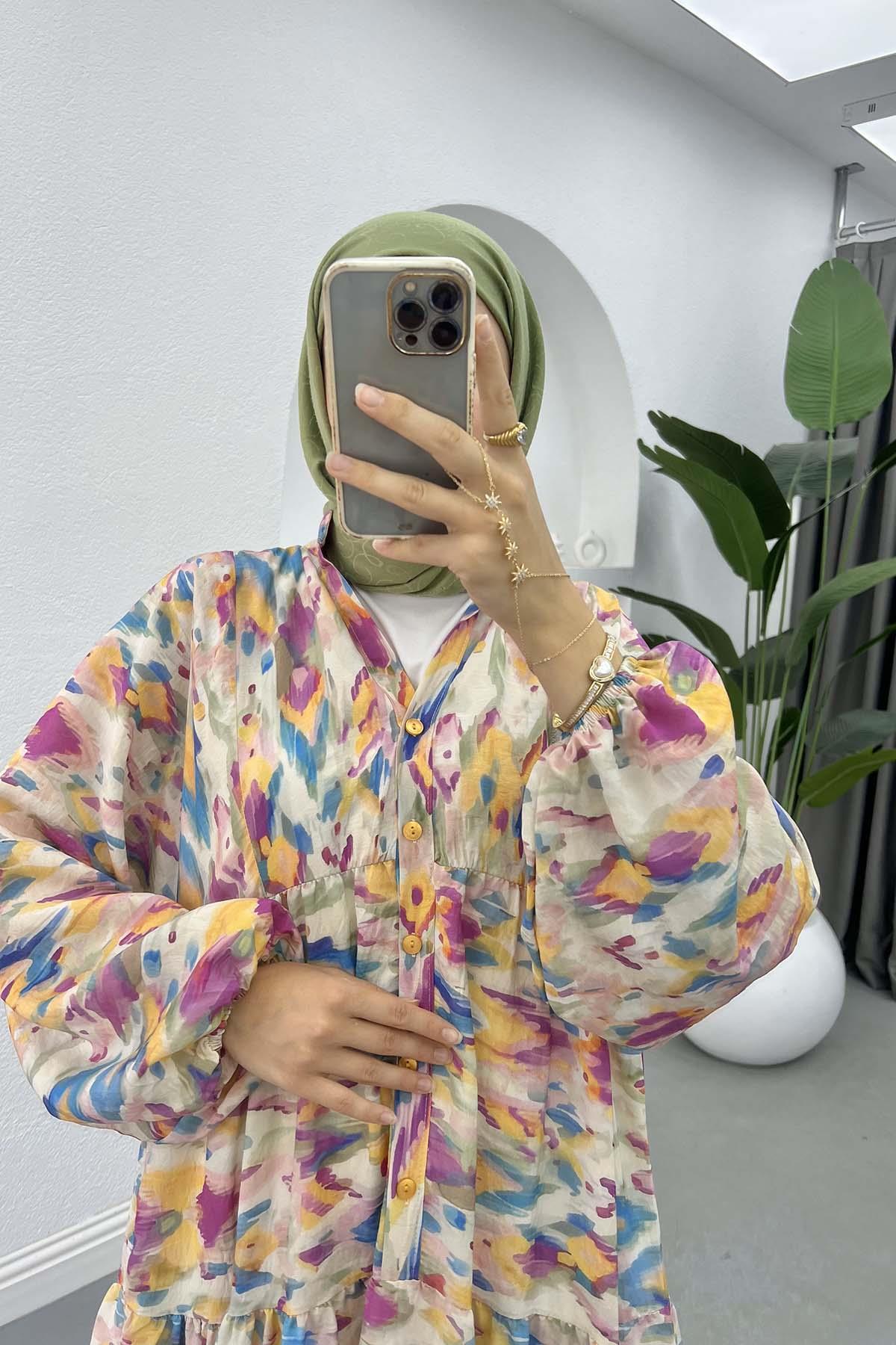 Mango Kumaş Desenli Elbise Mor