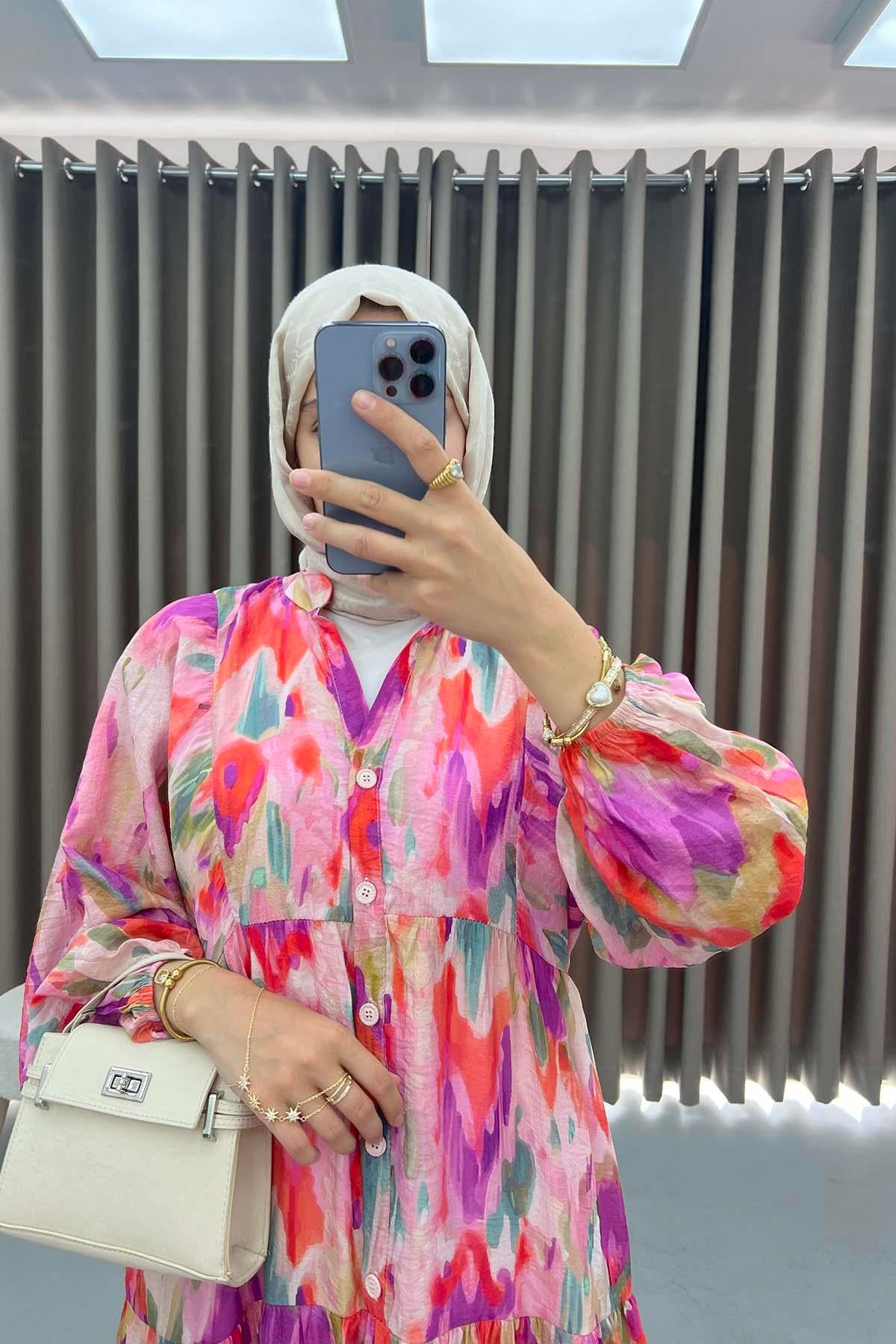 Mango Kumaş Desenli Elbise Mor
