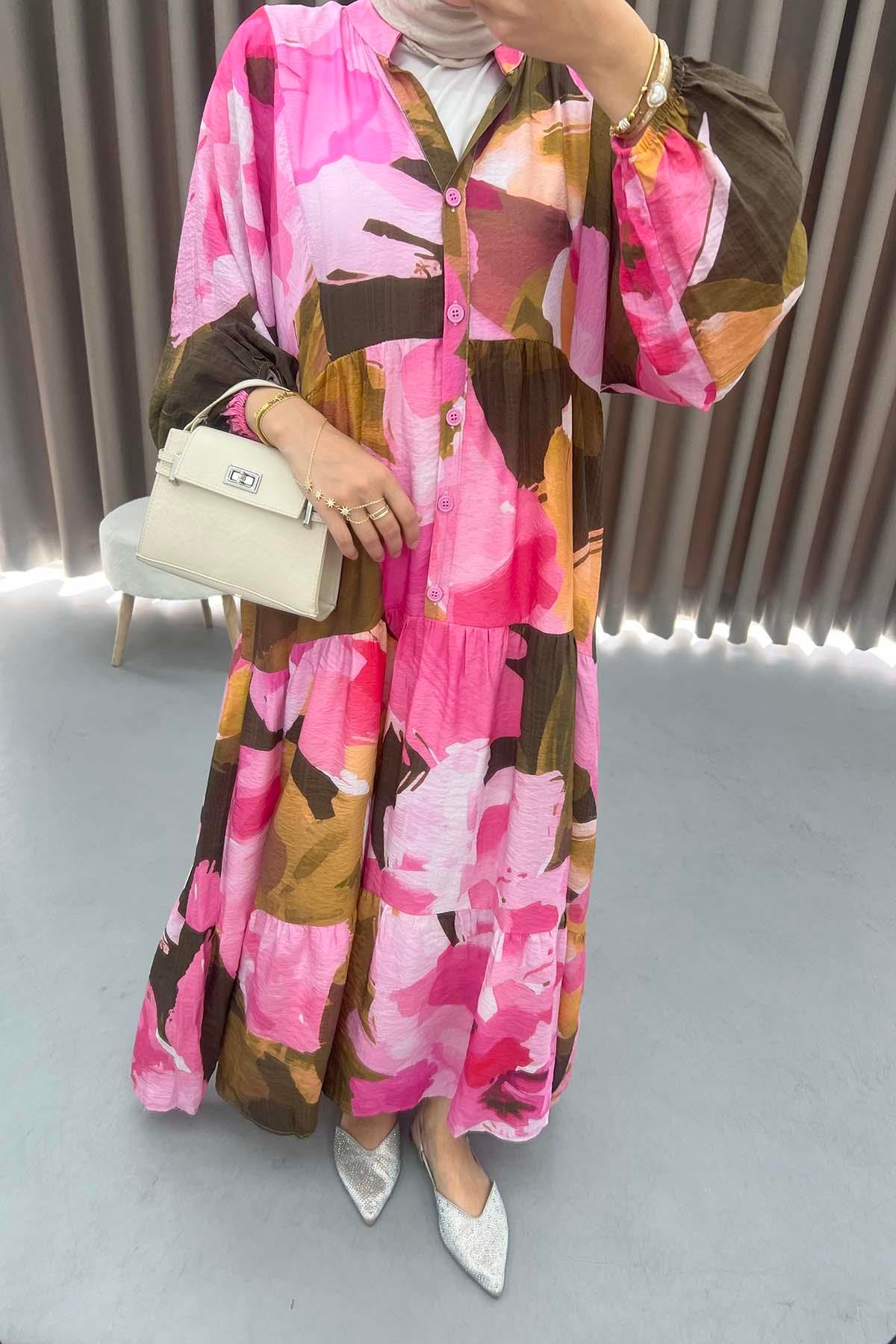 Mango Kumaş Desenli Elbise Pembe