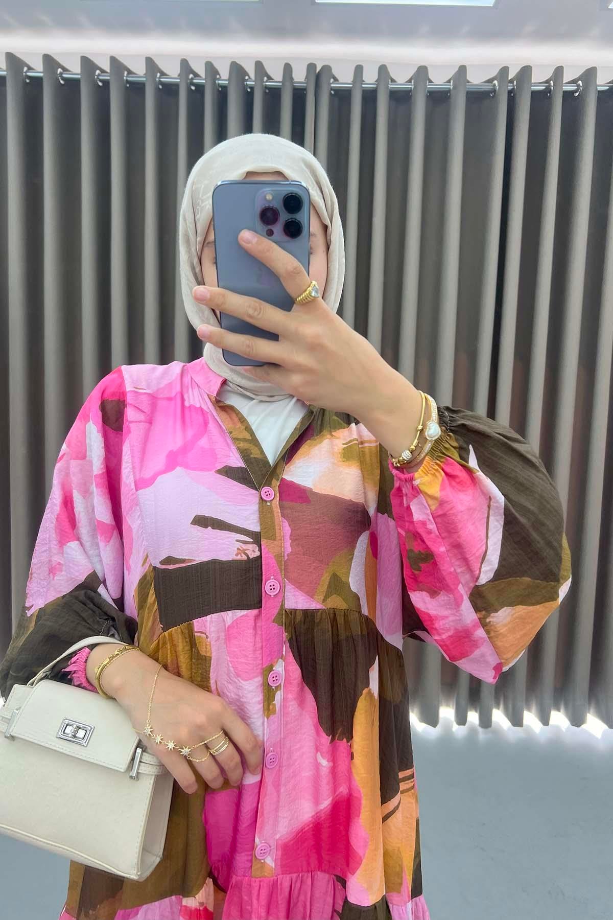 Mango Kumaş Desenli Elbise Pembe