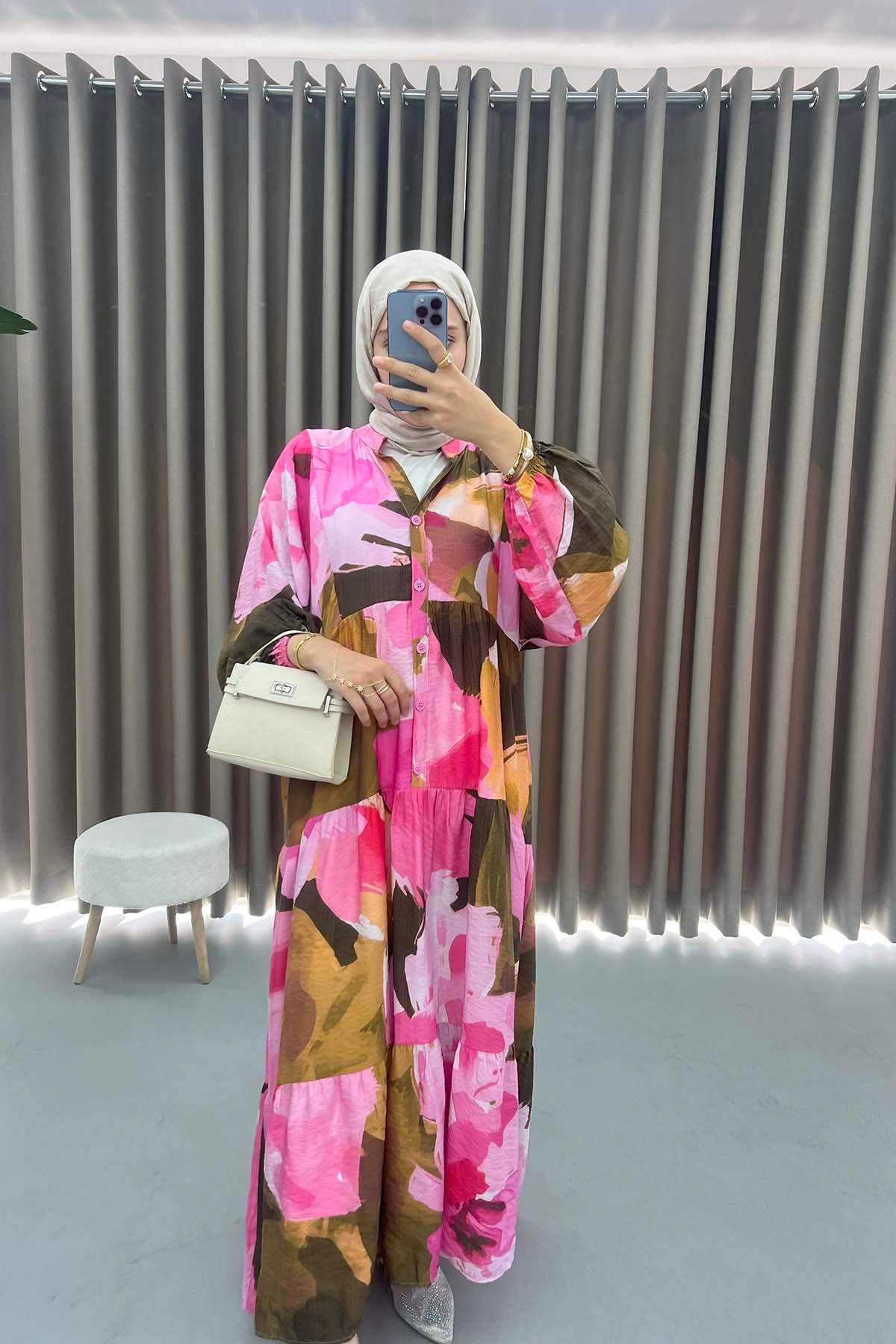 Mango Kumaş Desenli Elbise Pembe