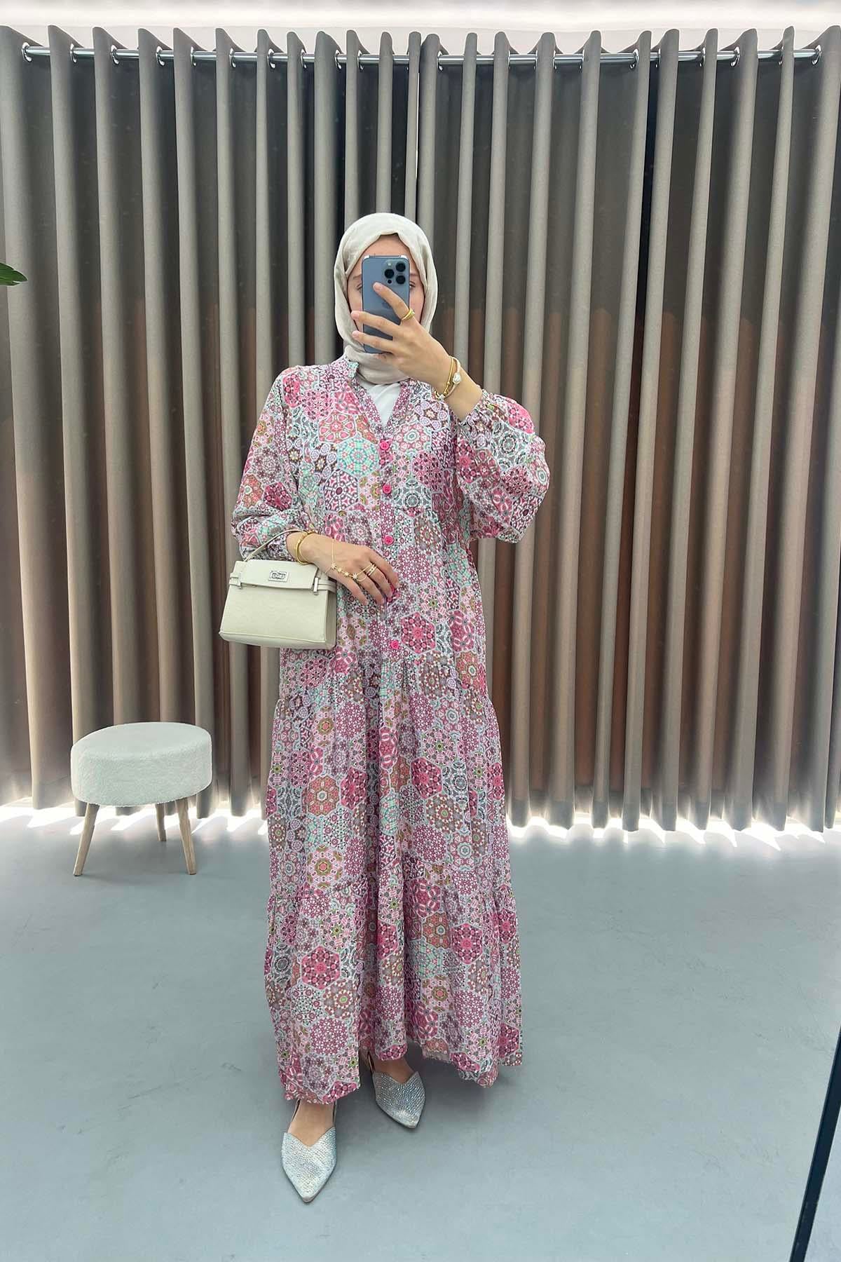 Mango Kumaş Desenli Elbise Pembe