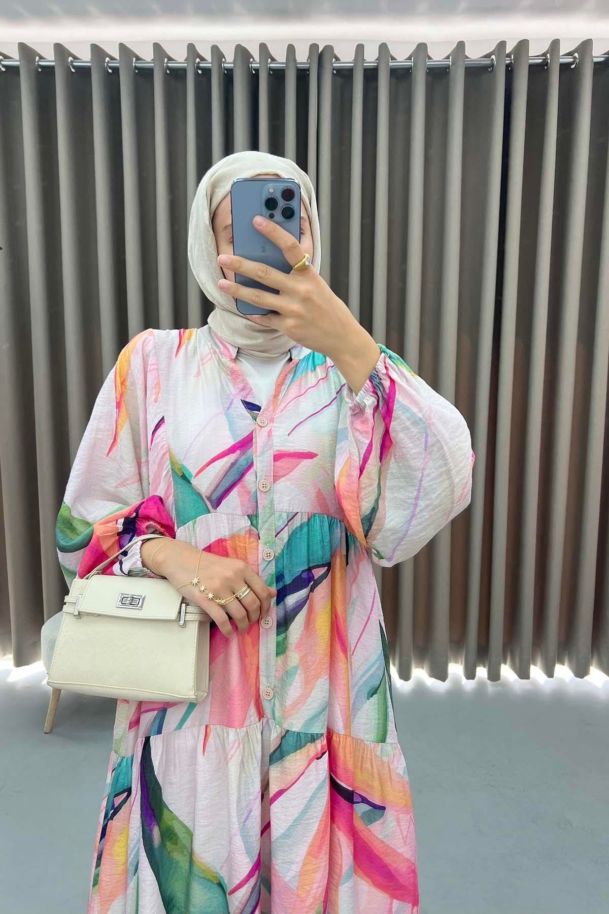 Mango Kumaş Desenli Elbise Turkuaz