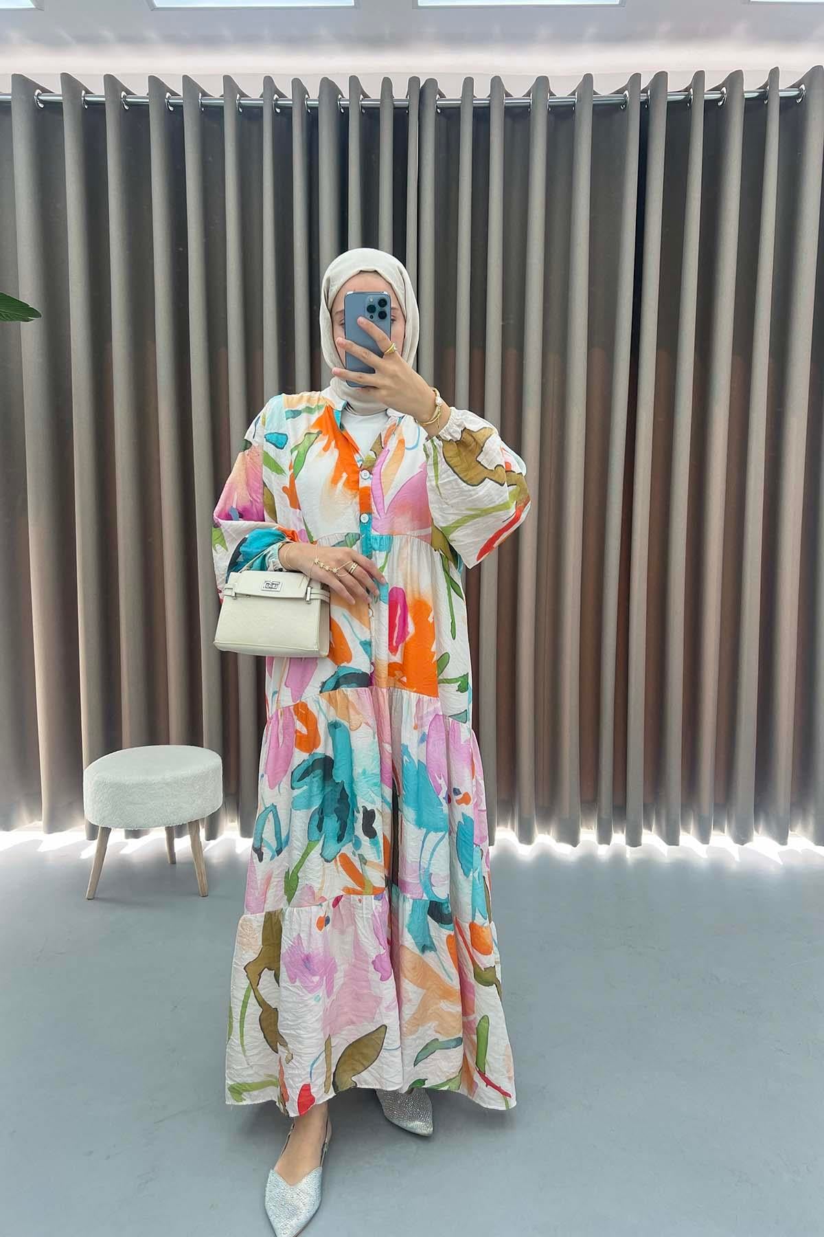 Mango Kumaş Desenli Elbise Turkuaz