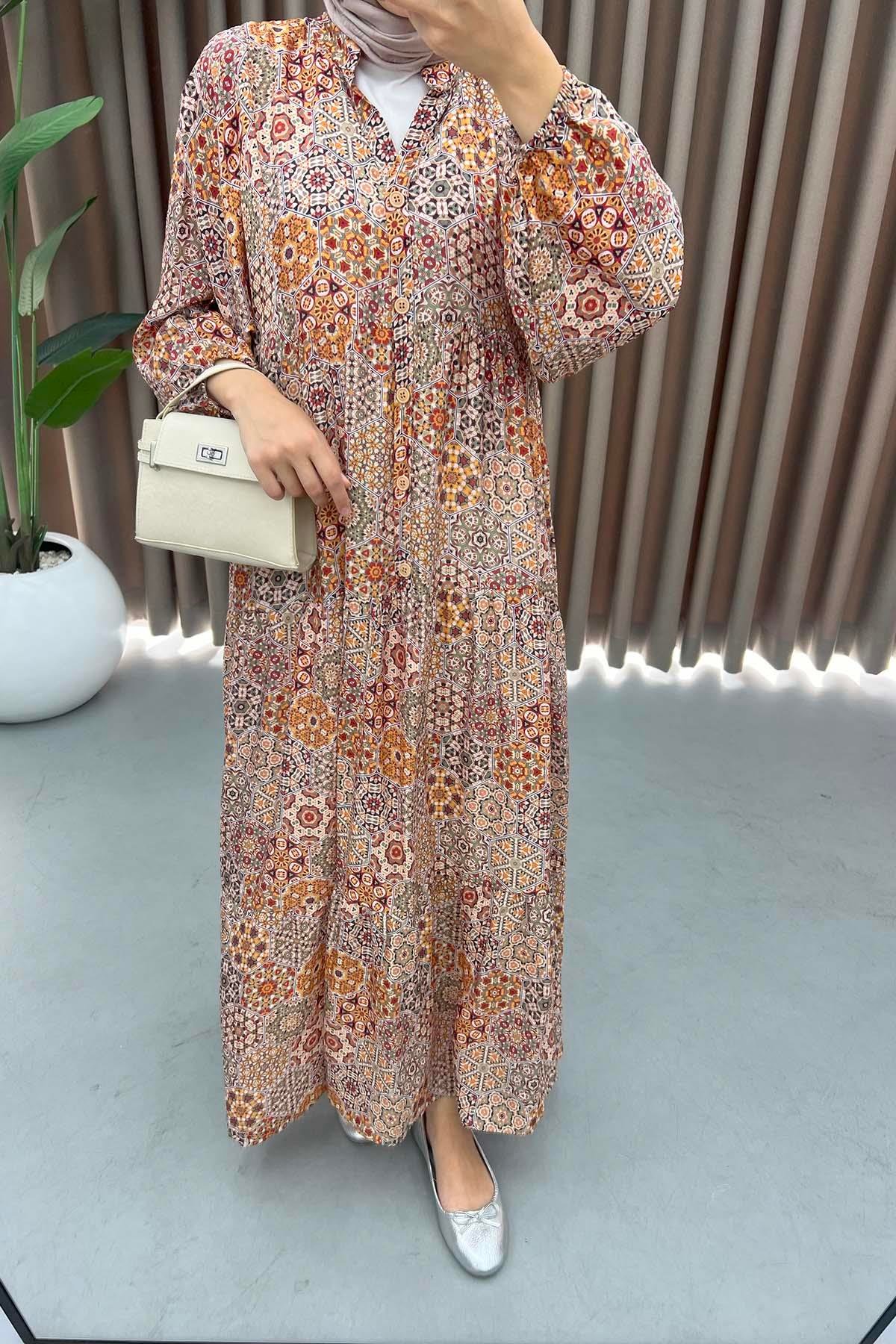 Mango Kumaş Desenli Elbise Turuncu