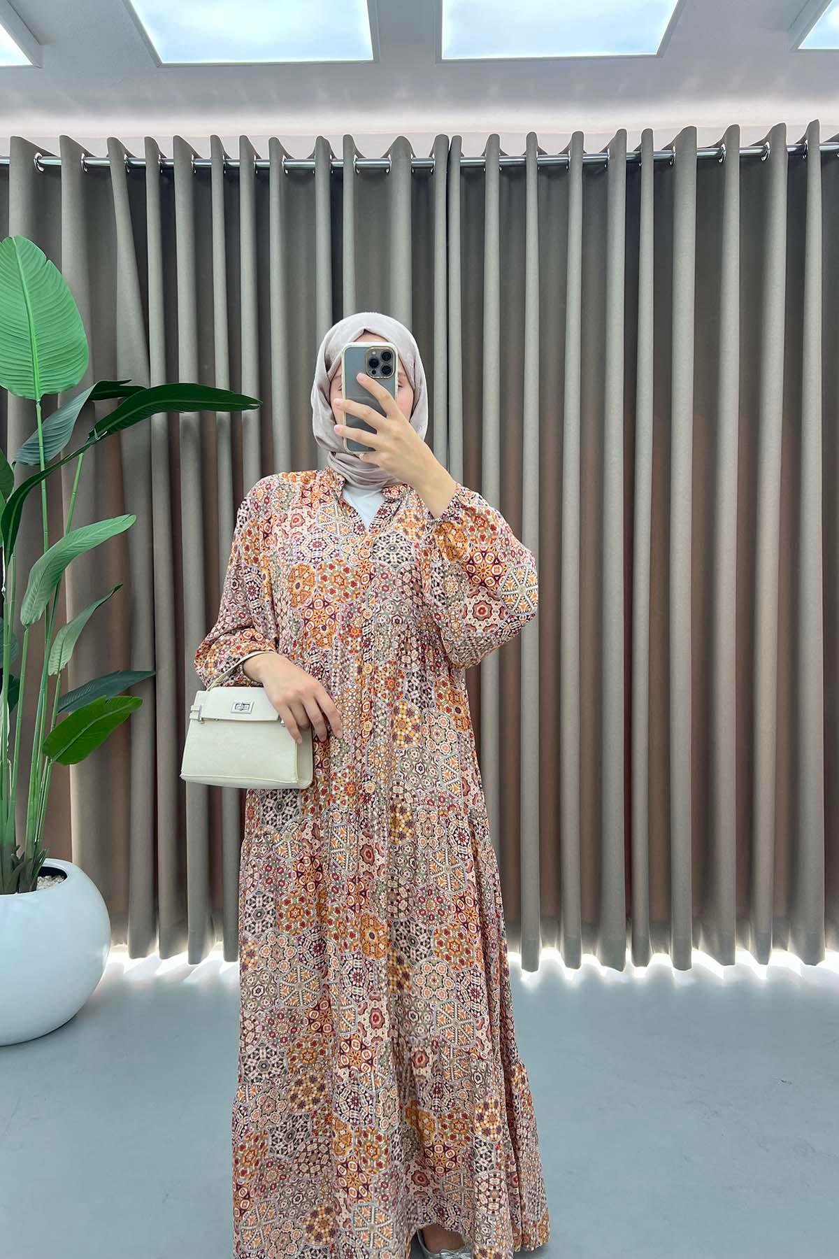 Mango Kumaş Desenli Elbise Turuncu