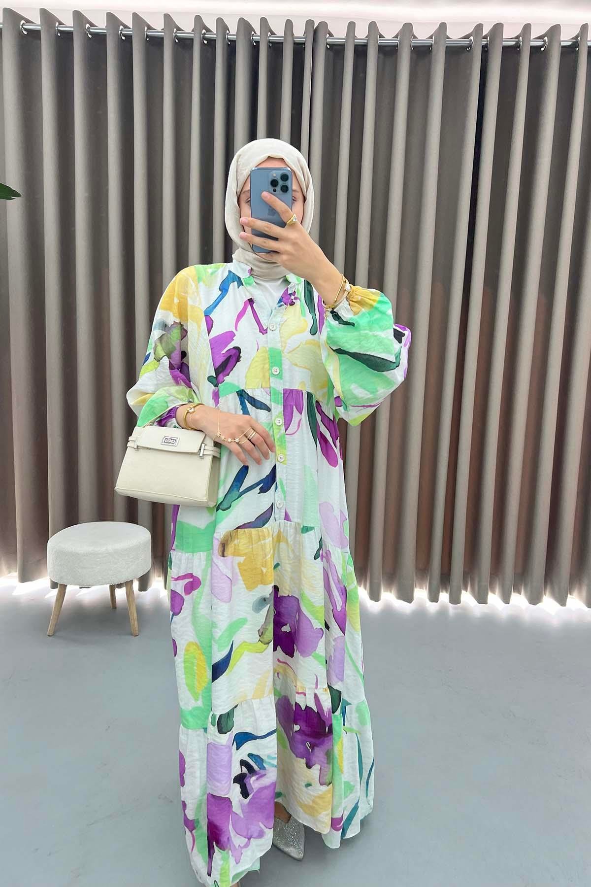 Mango Kumaş Desenli Elbise Yeşil