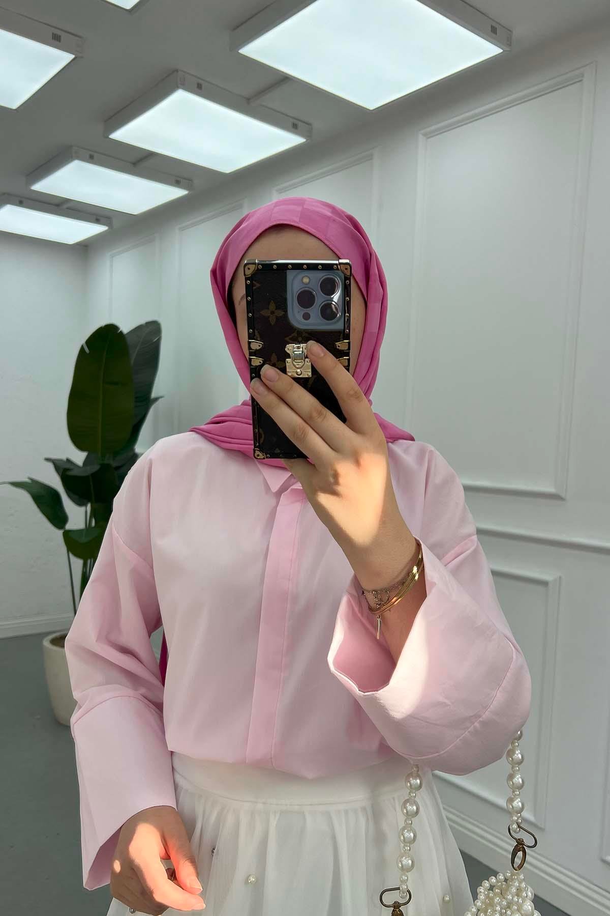 Manşet Detaylı Crop Gömlek Pembe