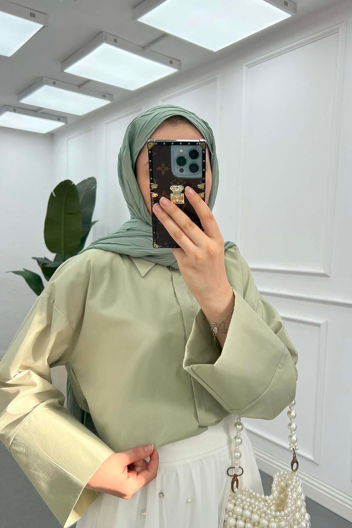 Manşet Detaylı Crop Gömlek Yeşil