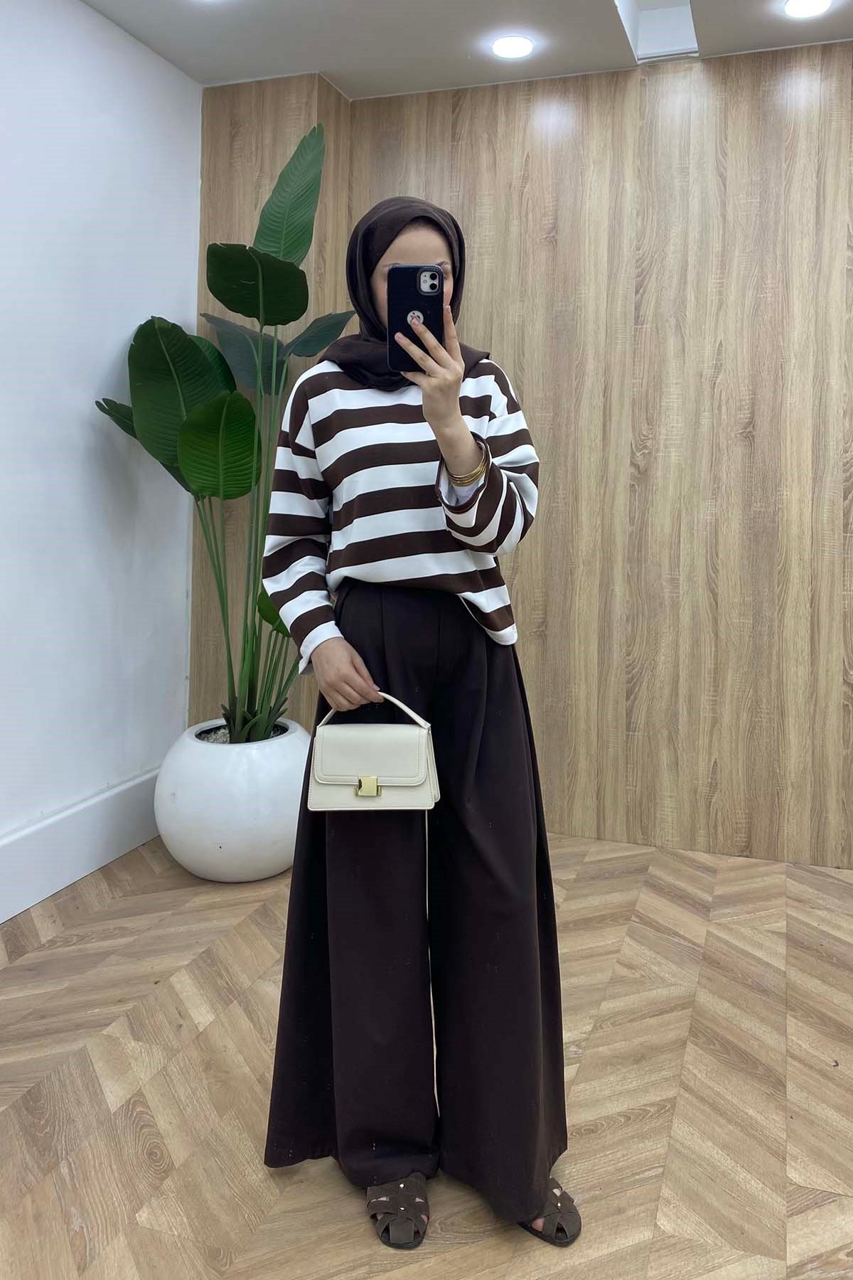 Marina Çizgili Sweatshirt Kahve