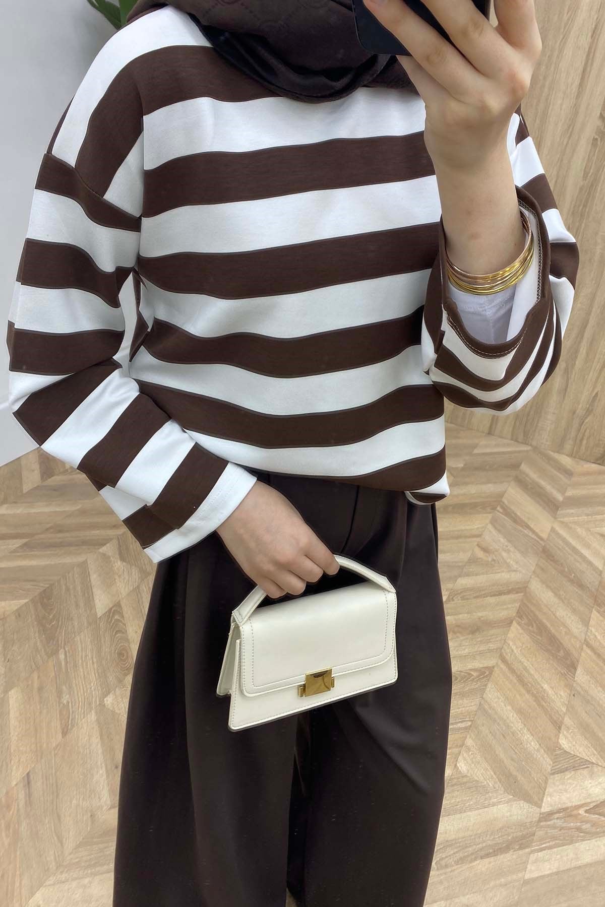 Marina Çizgili Sweatshirt Kahve