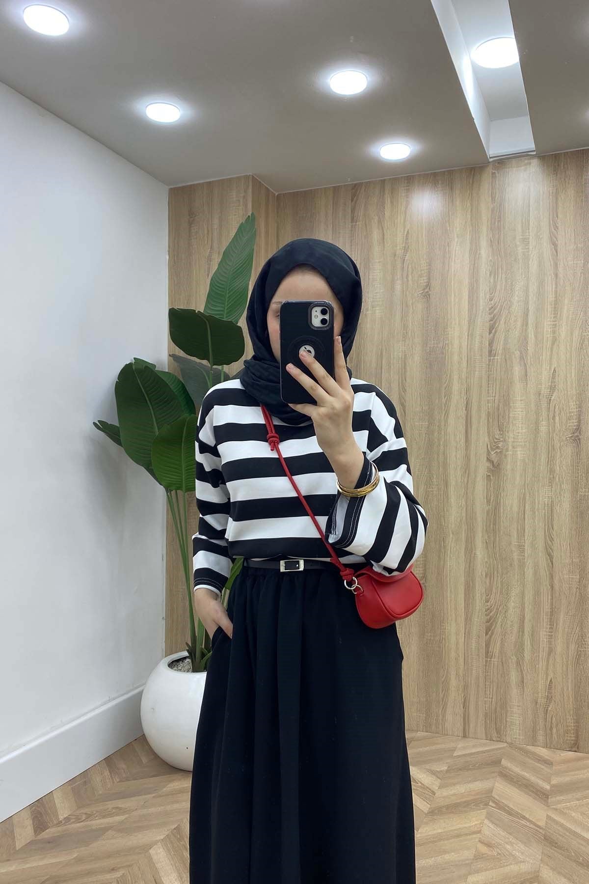 Marina Çizgili Sweatshirt Siyah