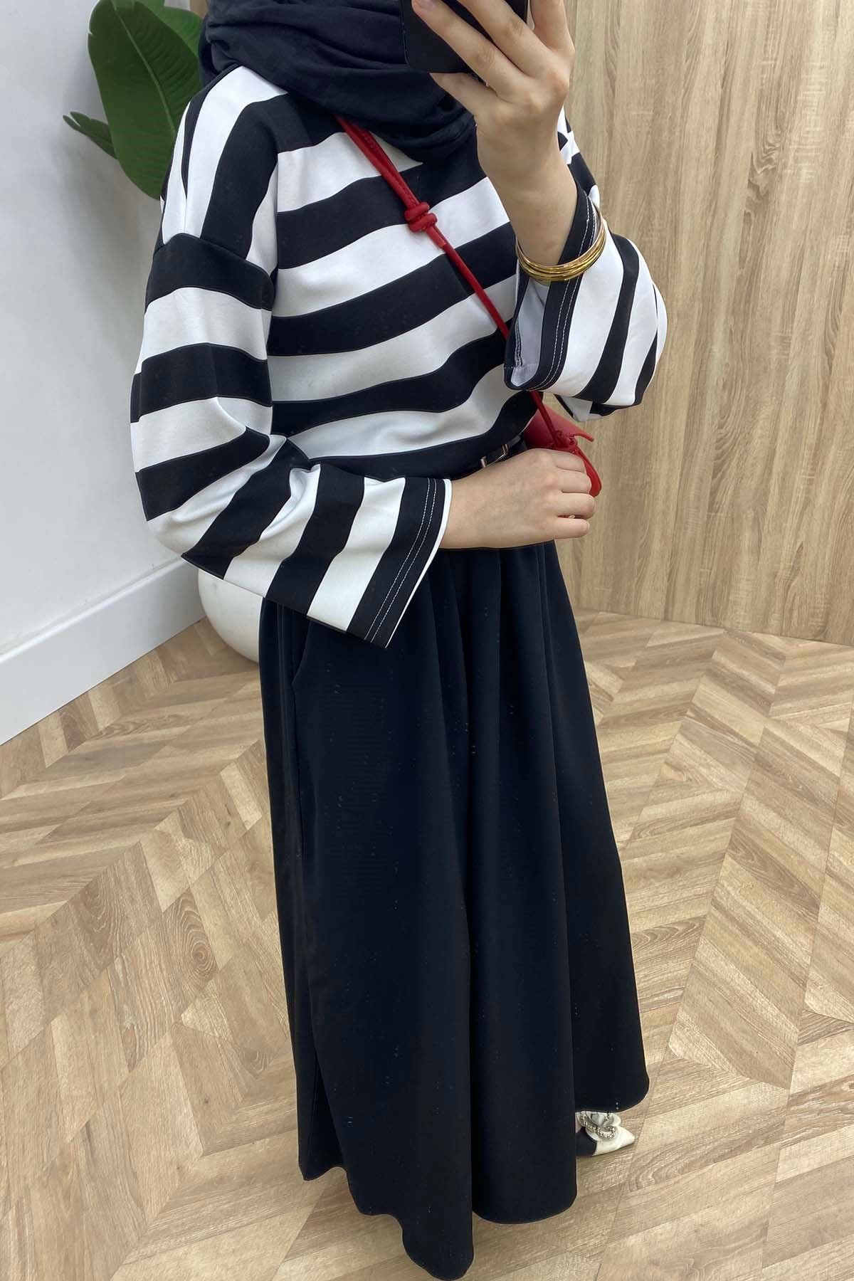 Marina Çizgili Sweatshirt Siyah
