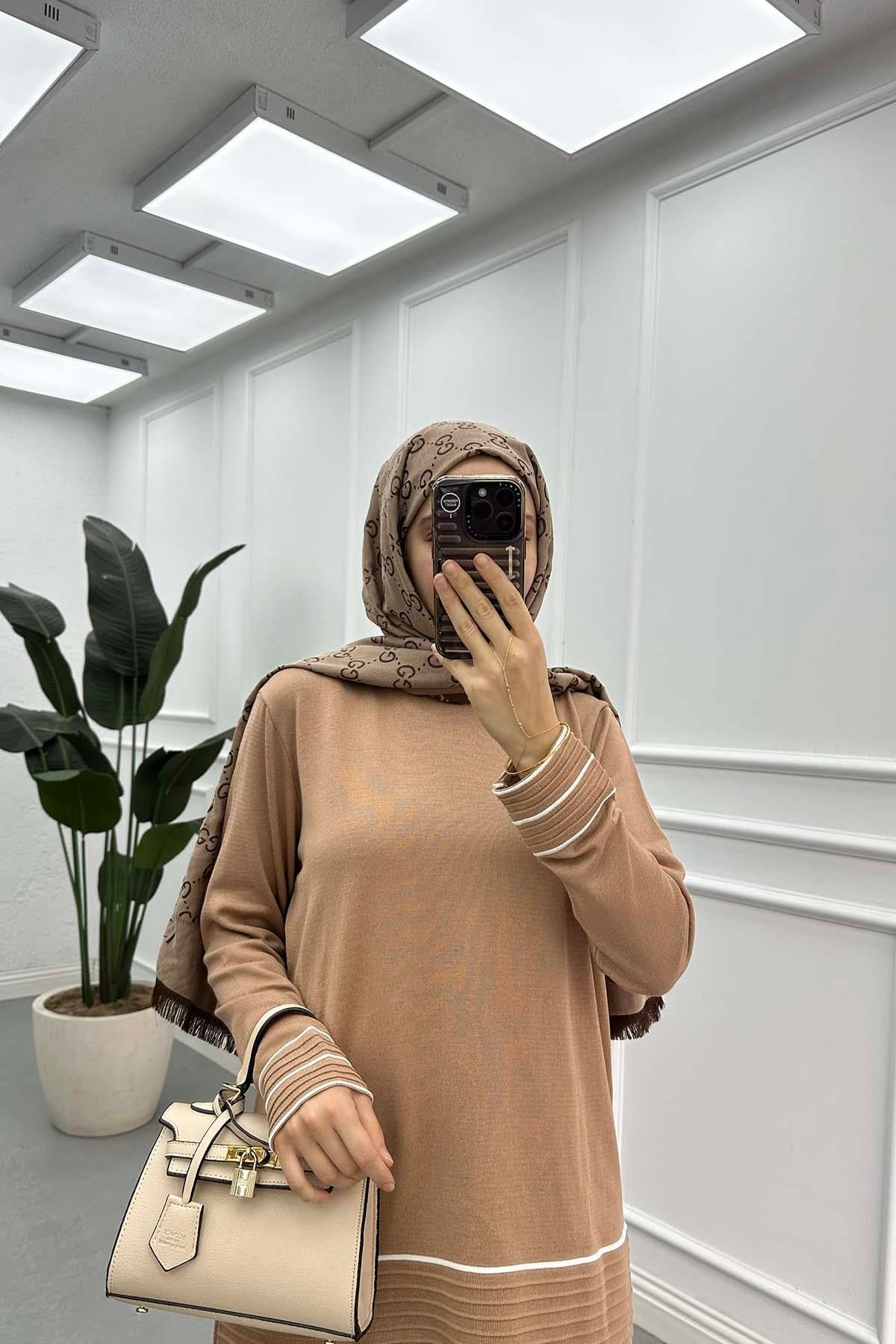 Merserize Biyeli Etekli Takım Camel
