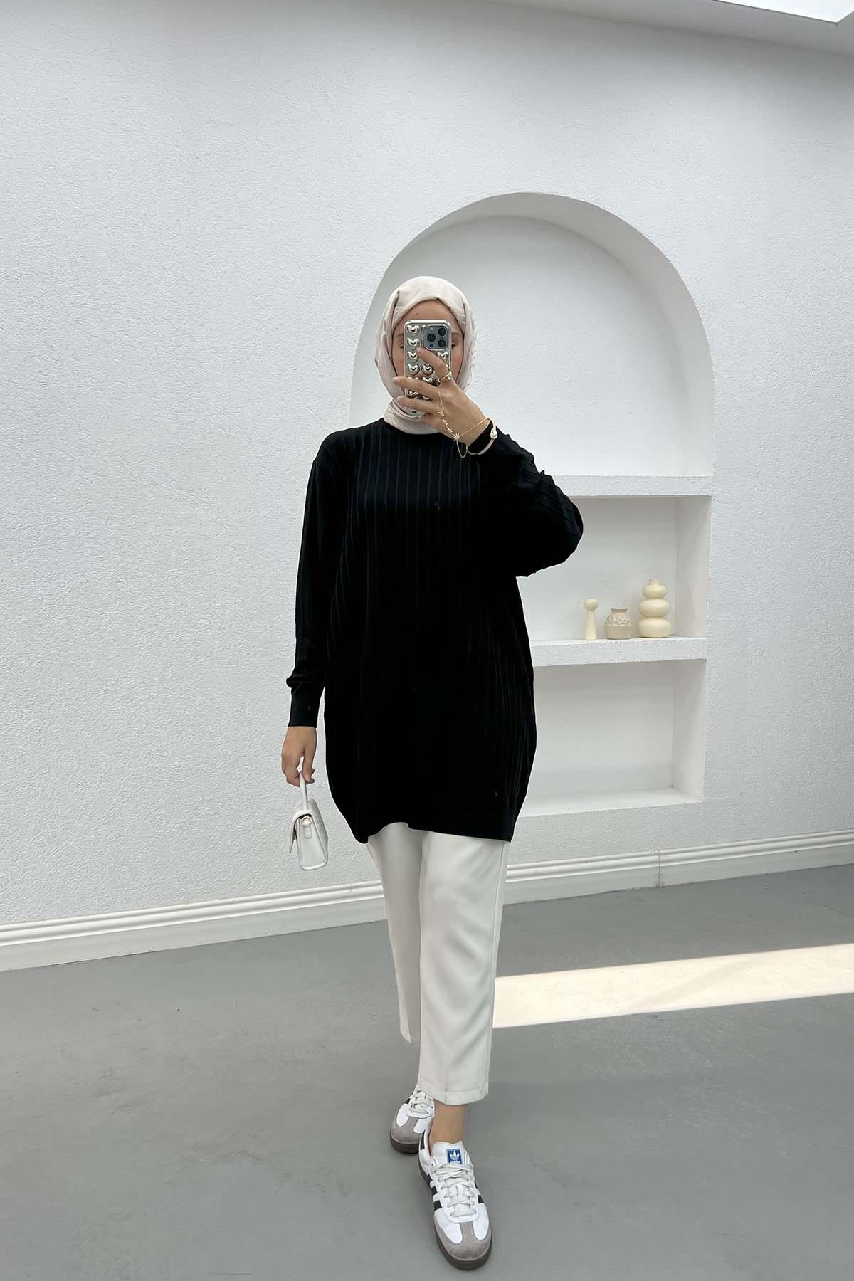 Merserize Fitilli Tunik Siyah
