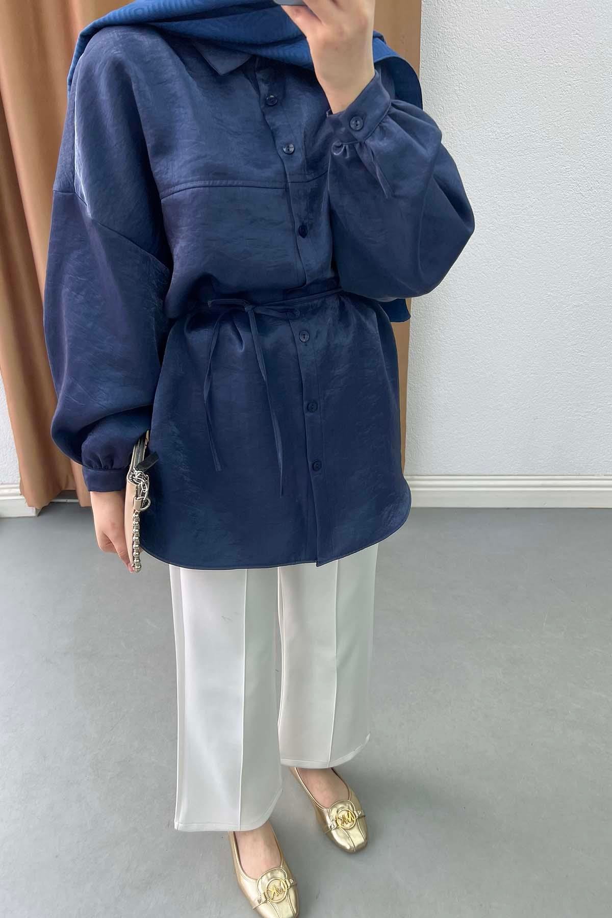 Metalik Işıltılı Oversize Tunik Gömlek Safir Mavi