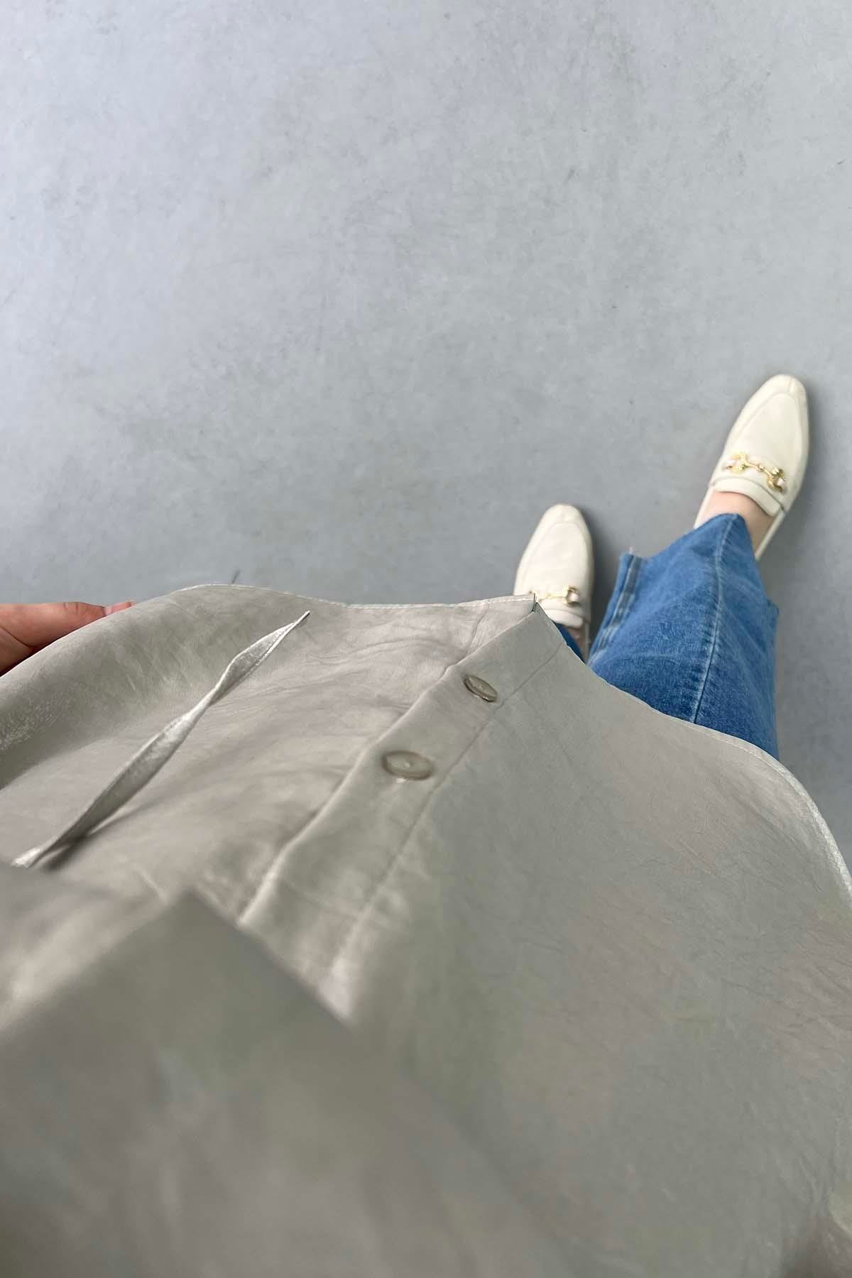 Metalik Işıltılı Oversize Tunik Gömlek İnci Beyazı