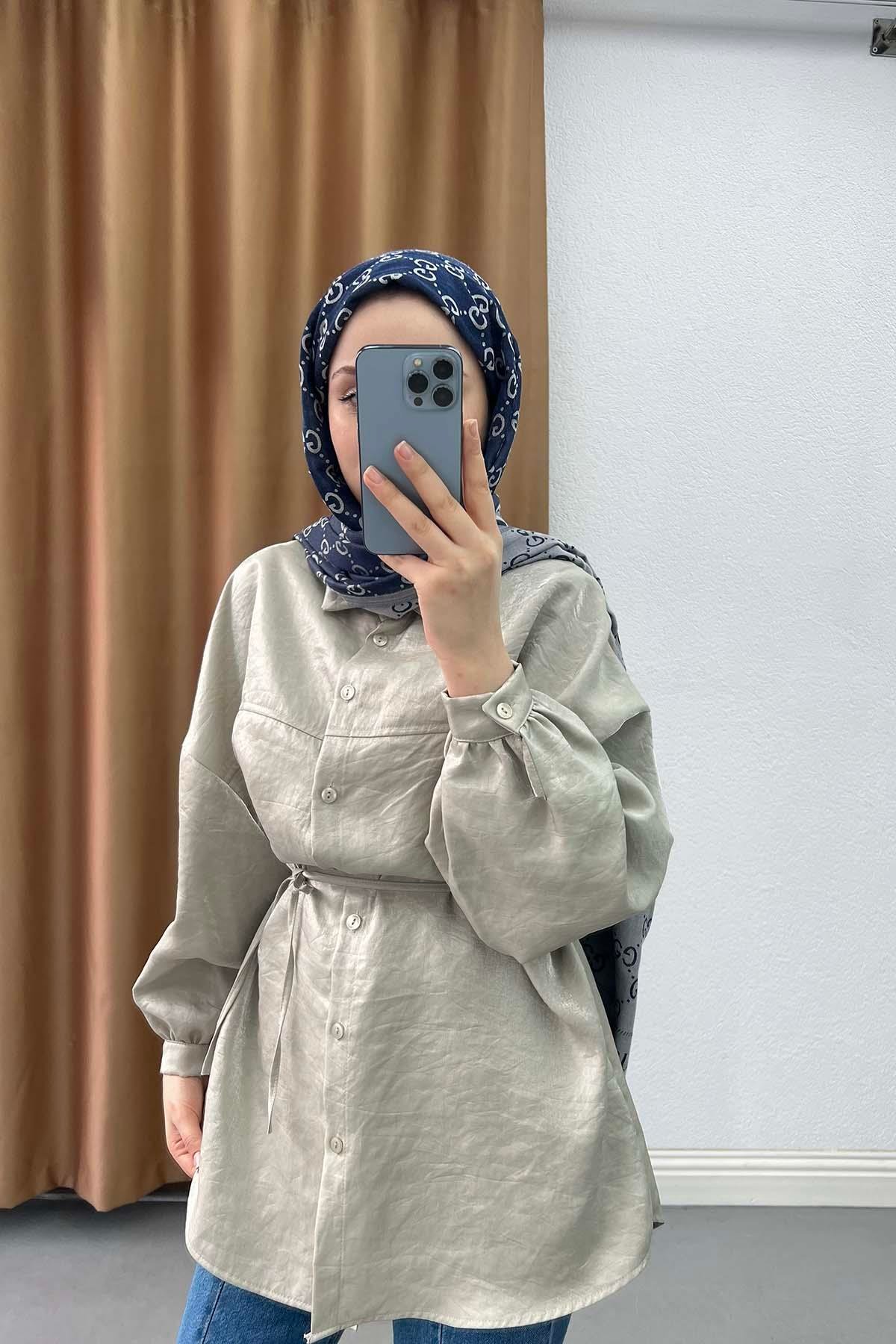 Metalik Işıltılı Oversize Tunik Gömlek İnci Beyazı