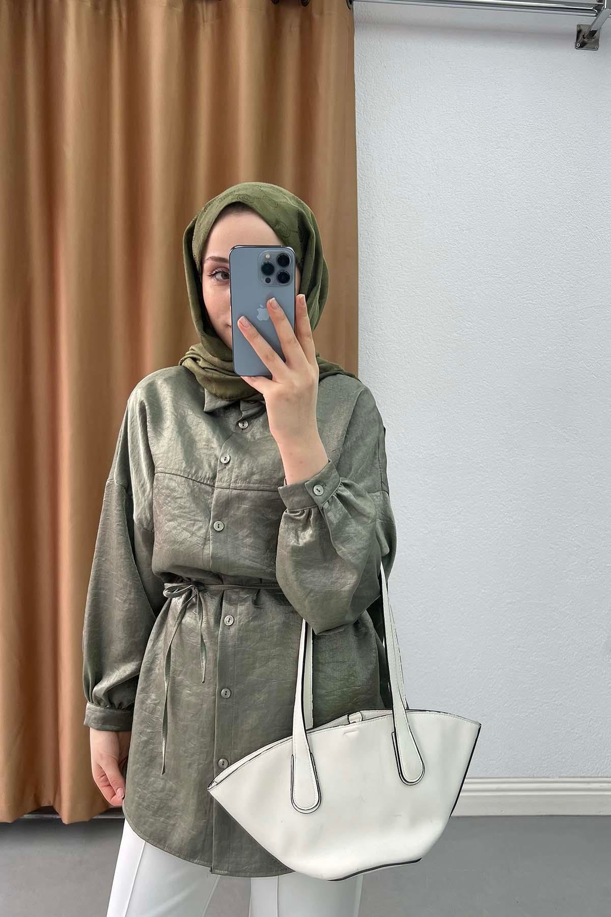 Metalik Işıltılı Oversize Tunik Gömlek Haki