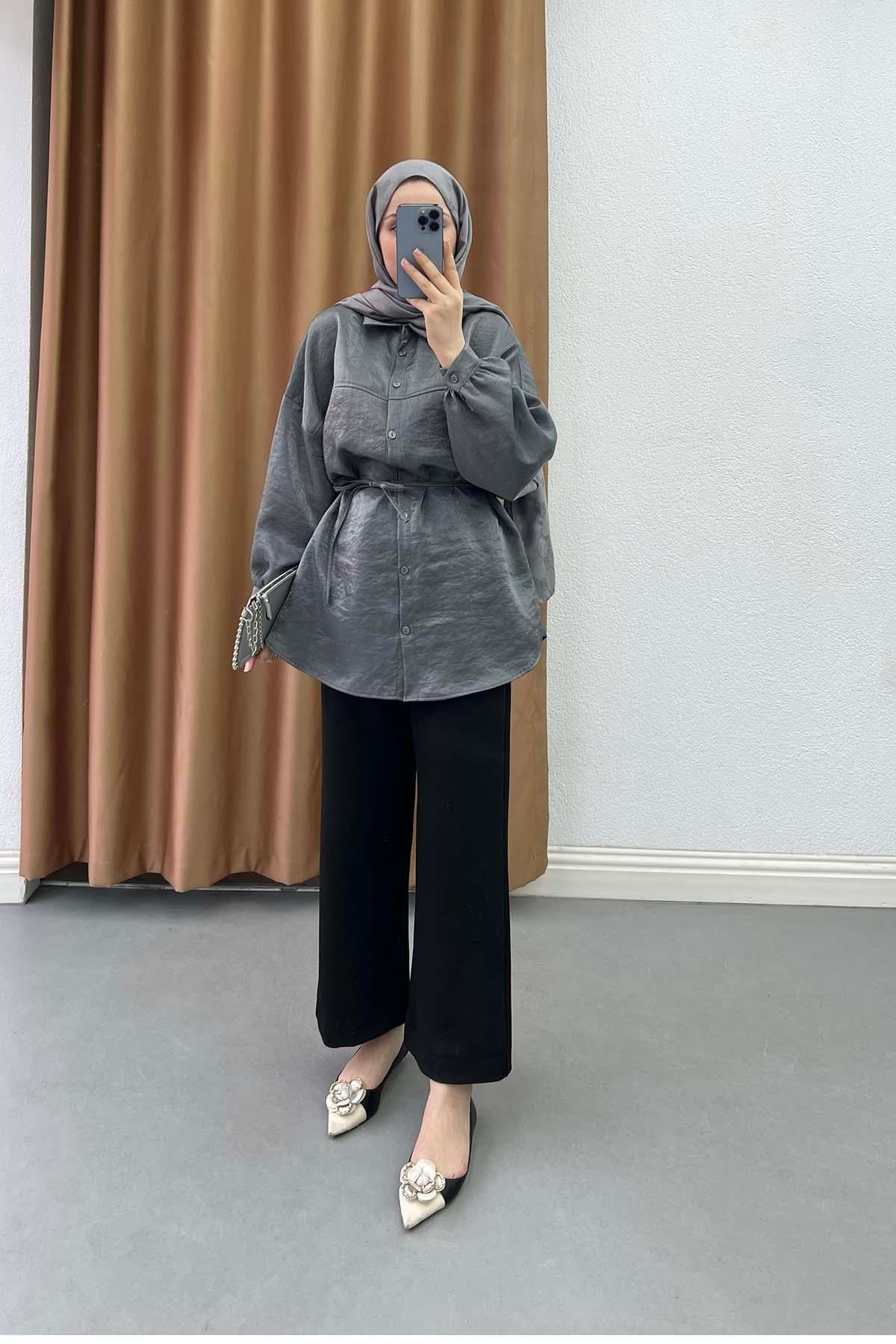 Metalik Işıltılı Oversize Tunik Gömlek Gümüş Gri