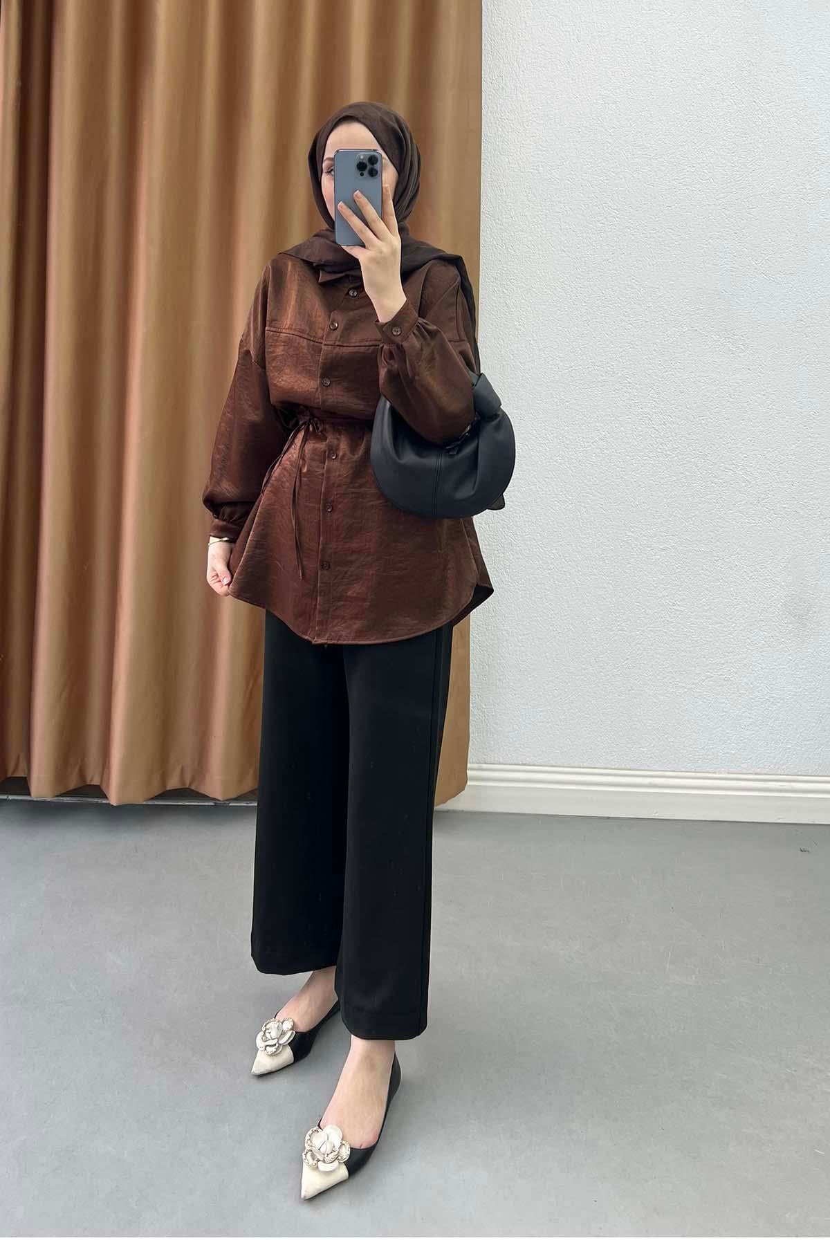 Metalik Işıltılı Oversize Tunik Gömlek Bakır Kahve