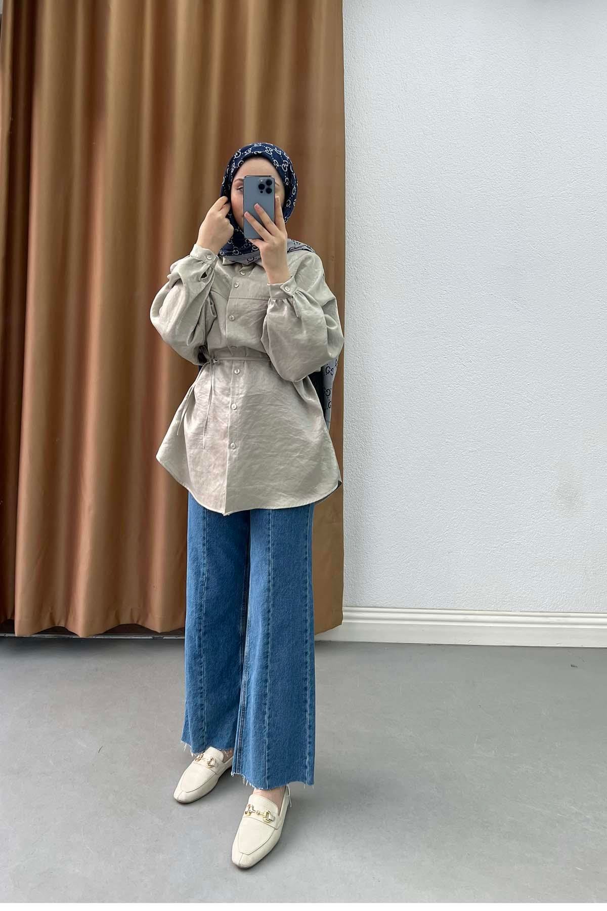 Metalik Işıltılı Oversize Tunik Gömlek İnci Beyazı