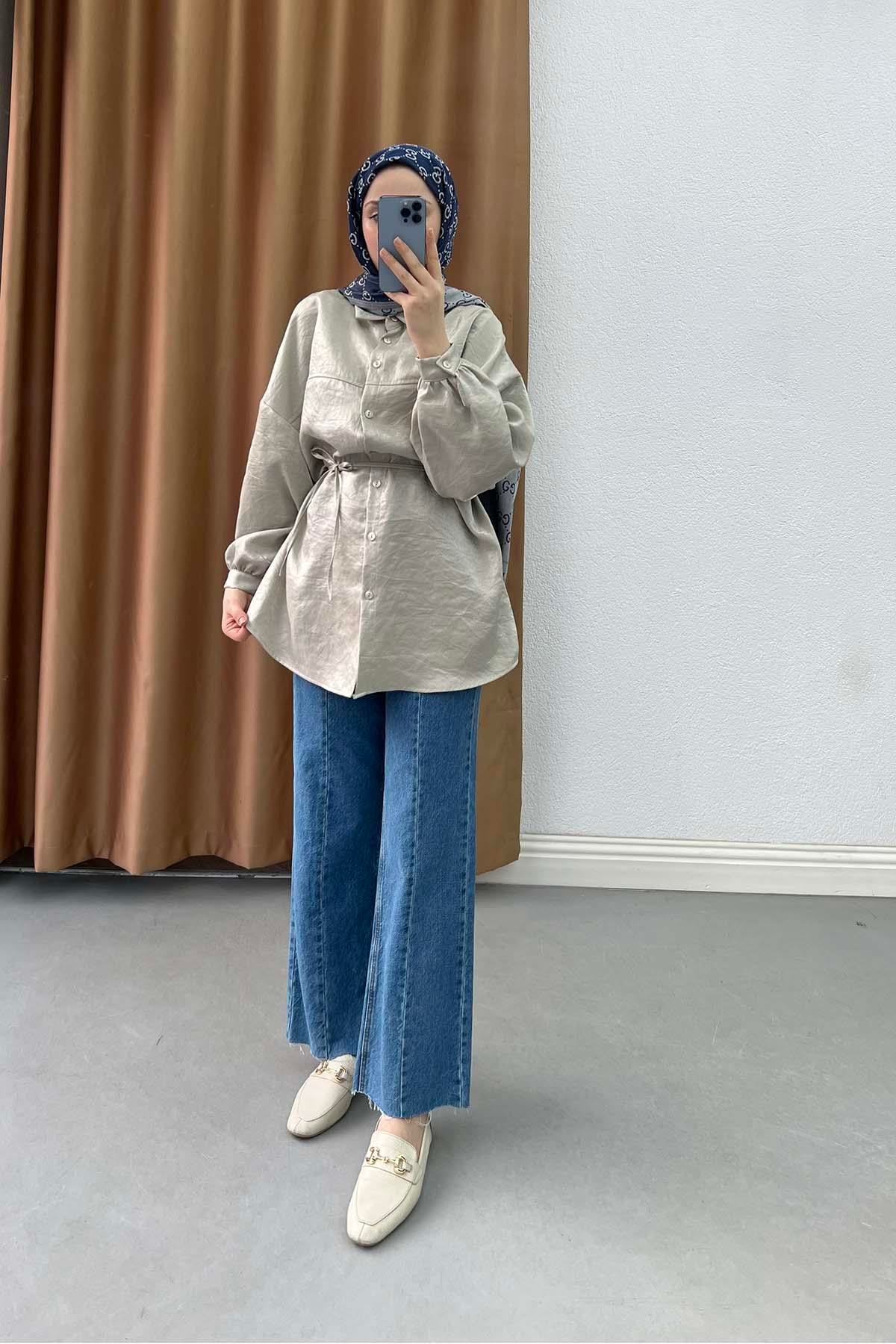 Metalik Işıltılı Oversize Tunik Gömlek İnci Beyazı