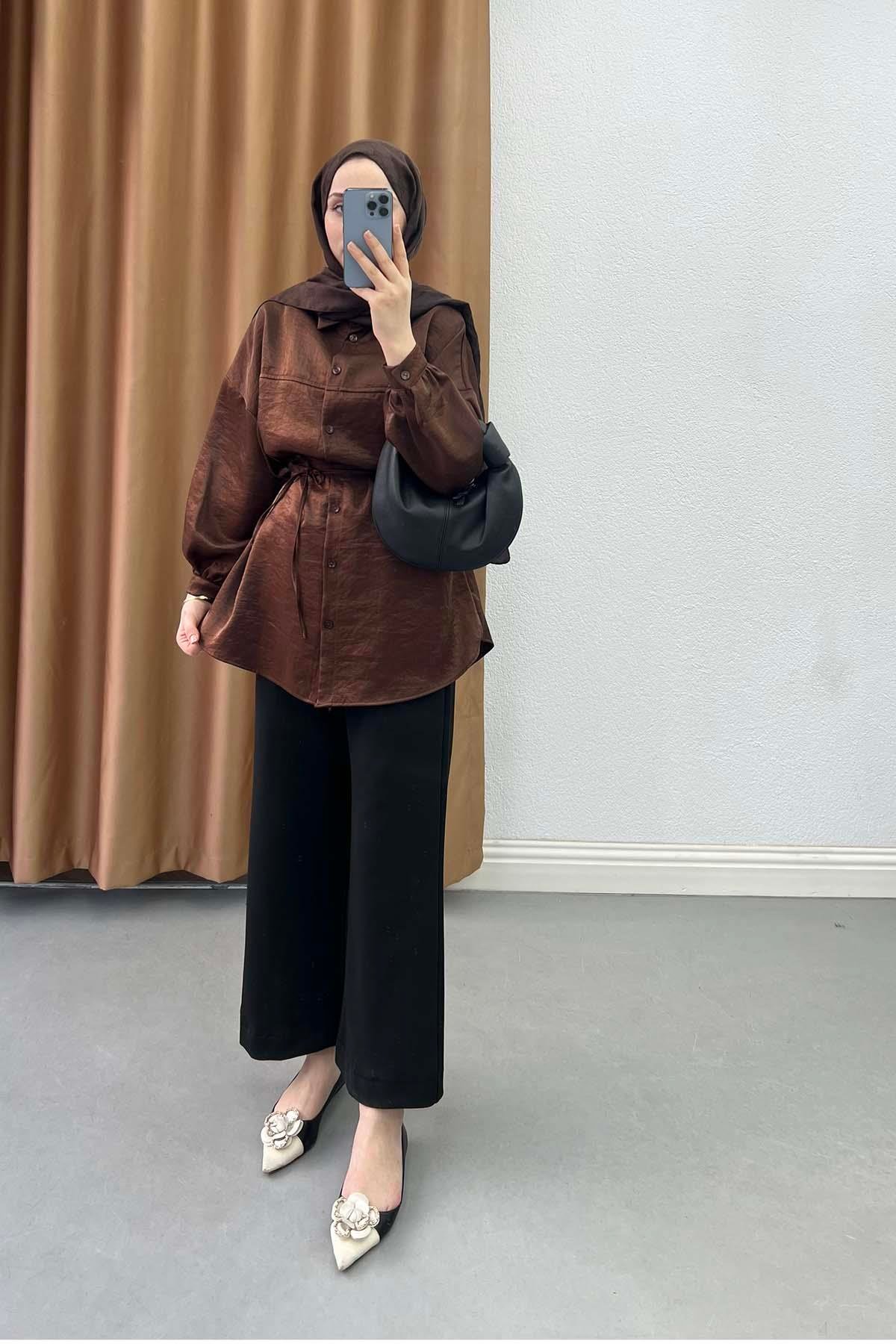 Metalik Işıltılı Oversize Tunik Gömlek Bakır Kahve