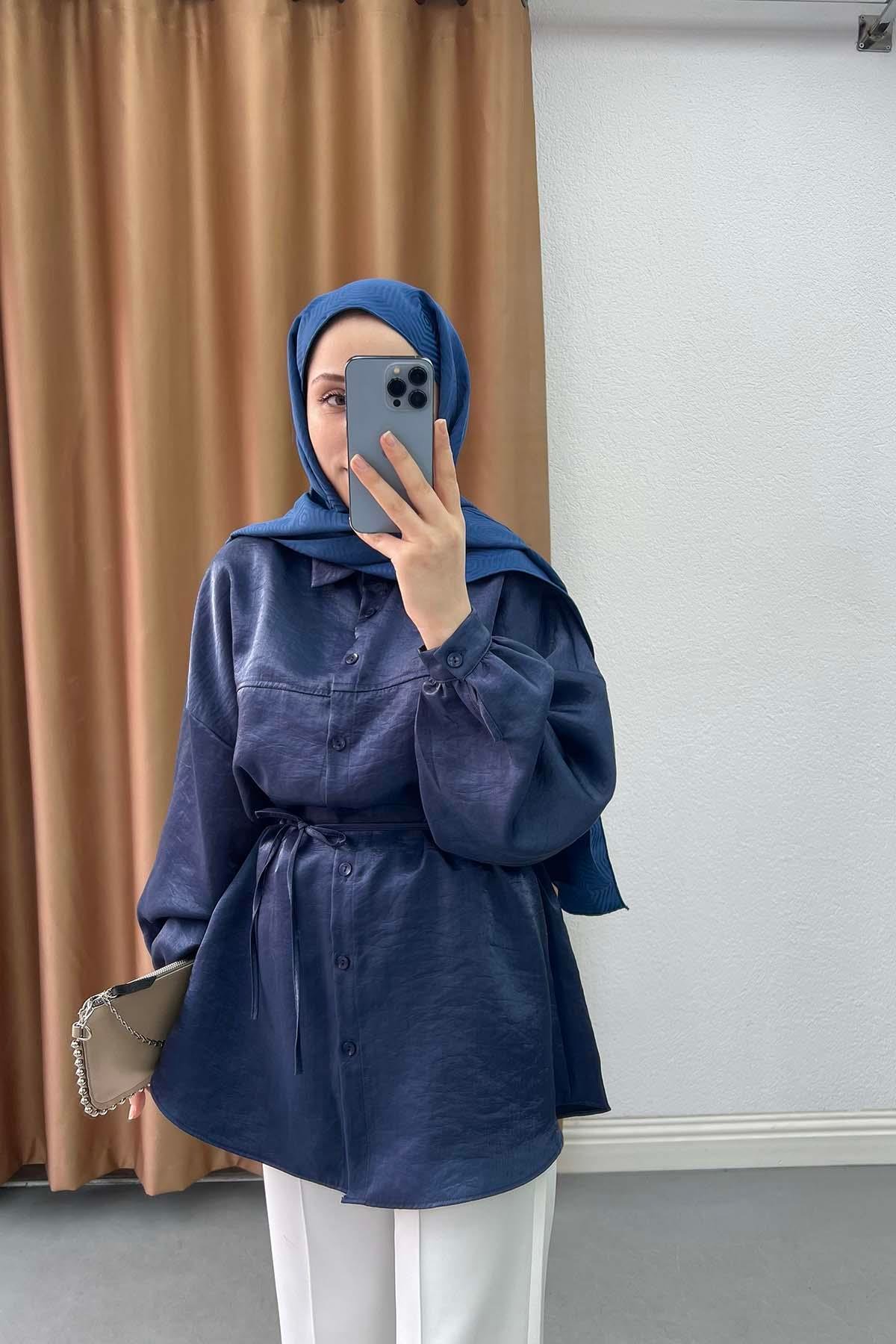 Metalik Işıltılı Oversize Tunik Gömlek Safir Mavi