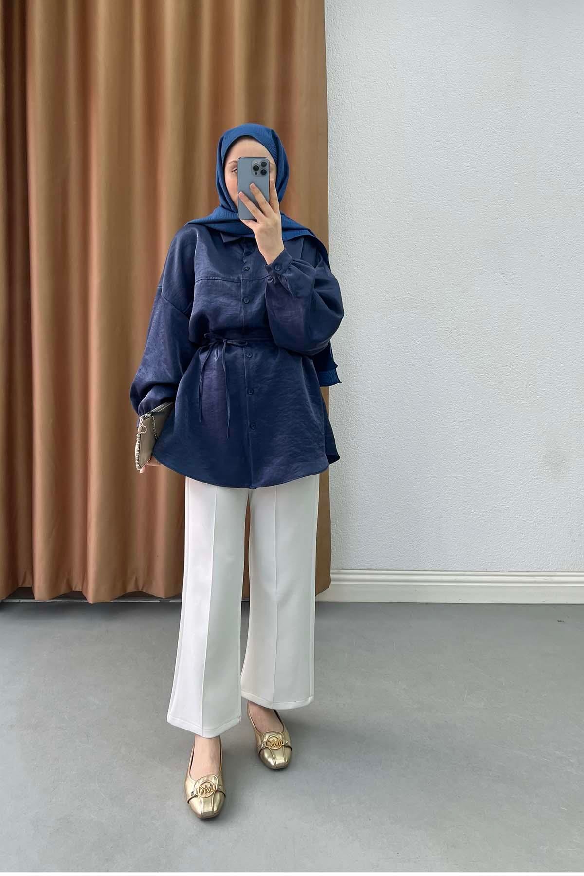 Metalik Işıltılı Oversize Tunik Gömlek Safir Mavi