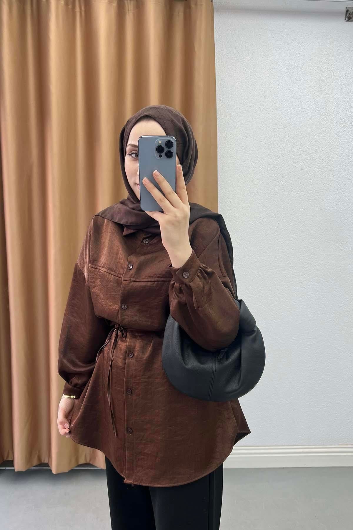 Metalik Işıltılı Oversize Tunik Gömlek Bakır Kahve