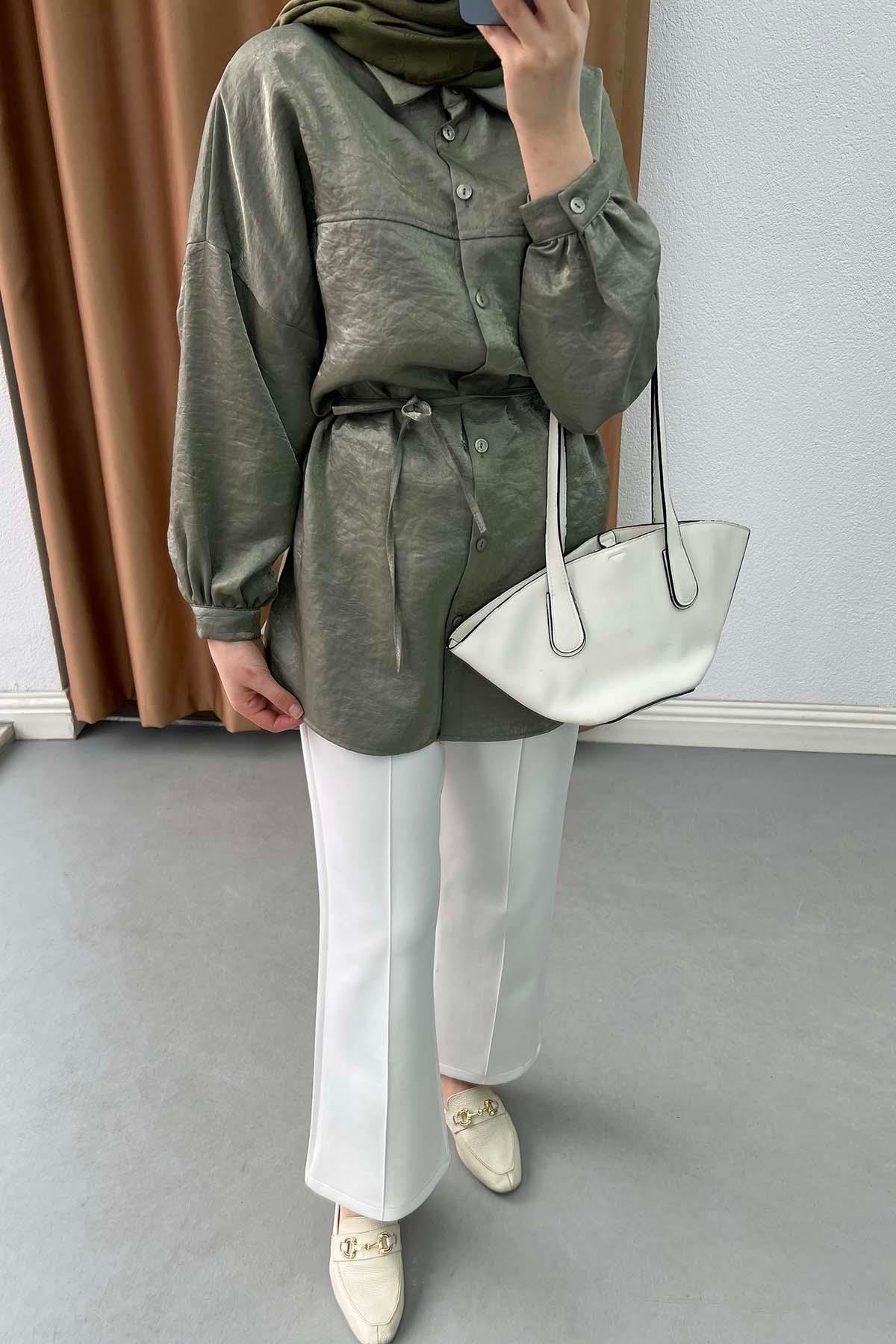 Metalik Işıltılı Oversize Tunik Gömlek Haki