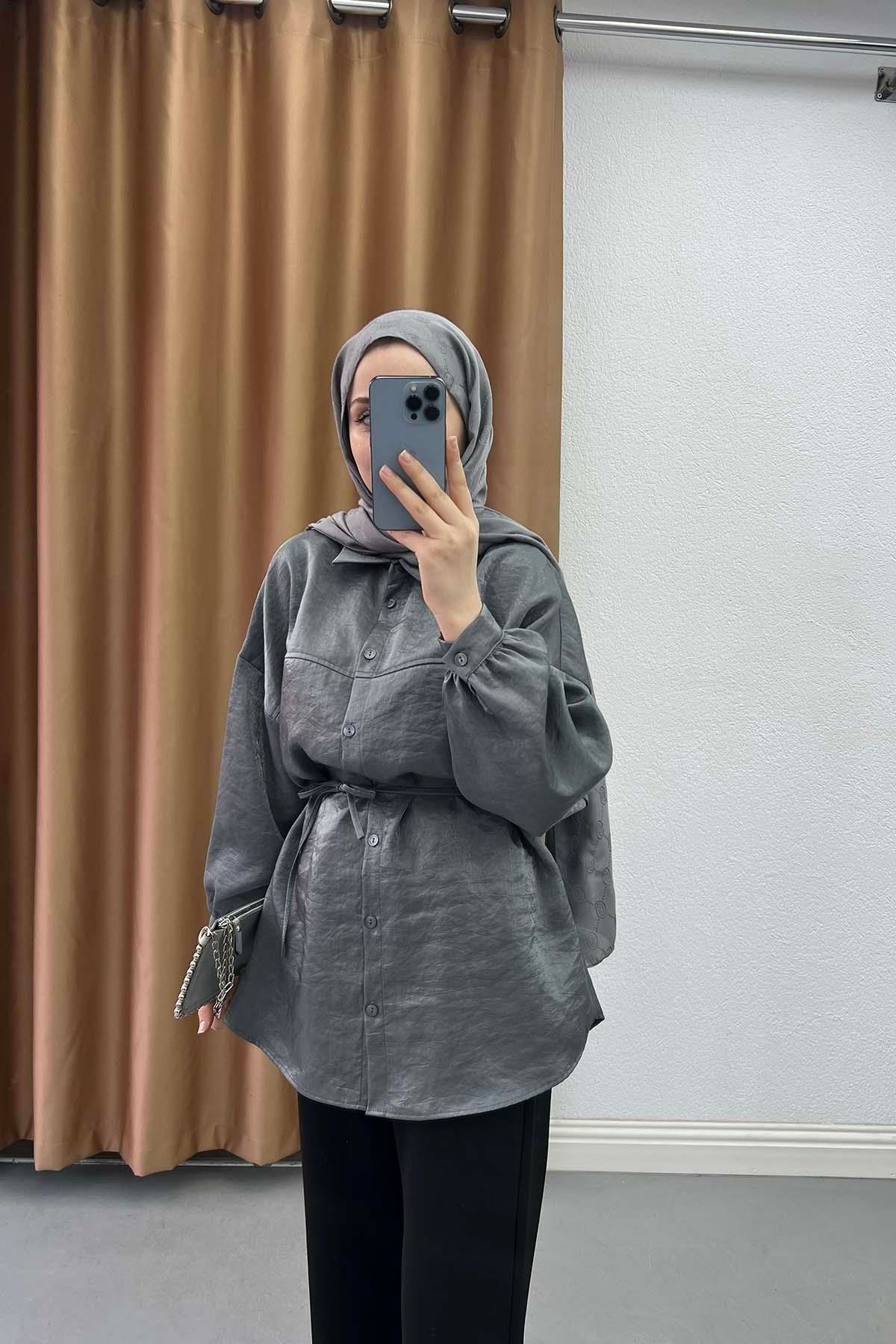 Metalik Işıltılı Oversize Tunik Gömlek Gümüş Gri