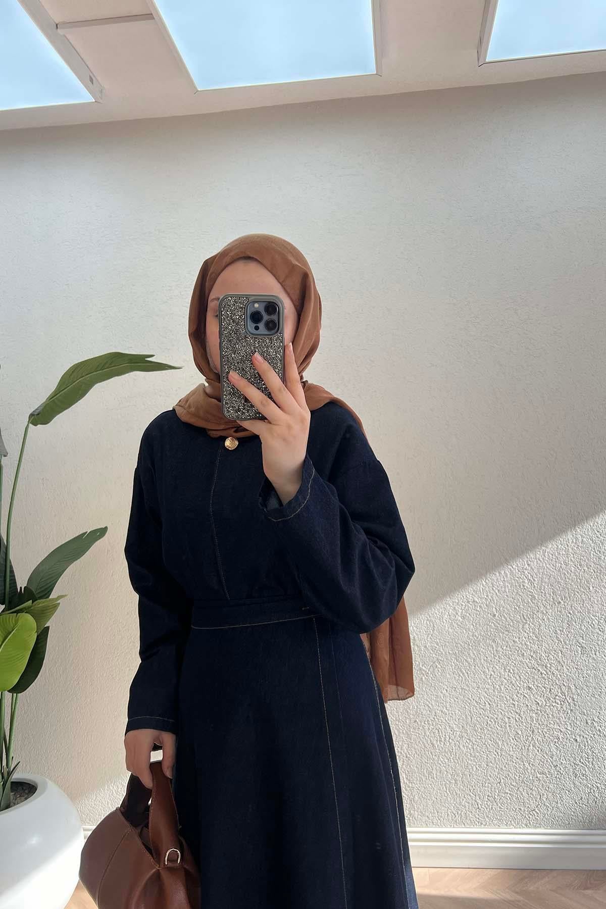 Minimalist Dikişli Gold Düğmeli Kot Takım Koyu Mavi