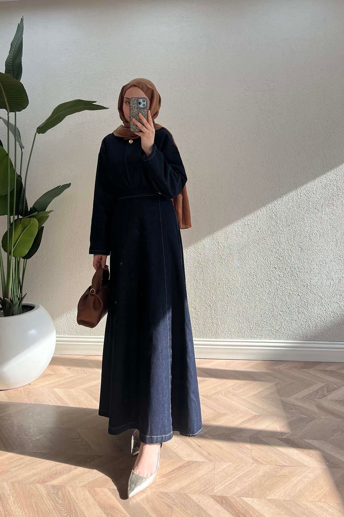 Minimalist Dikişli Gold Düğmeli Kot Takım Koyu Mavi