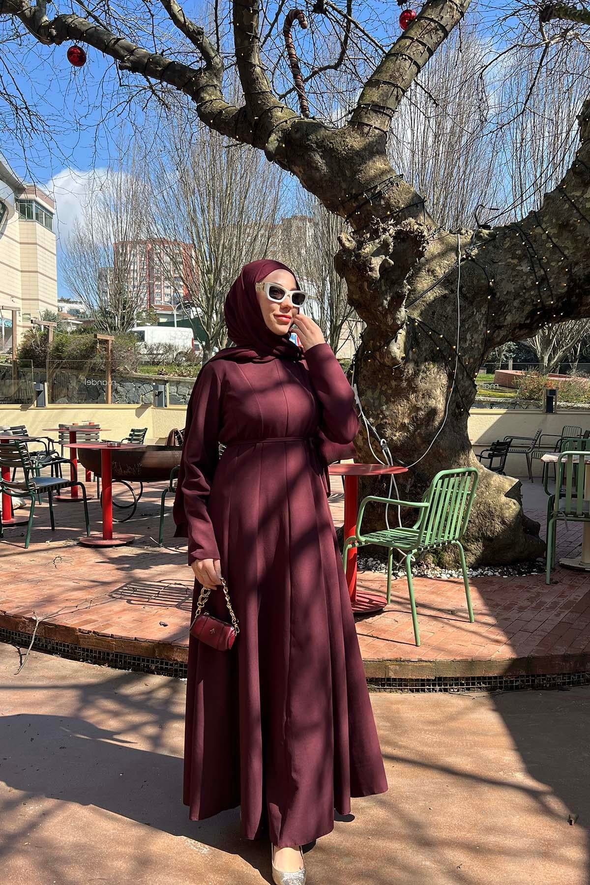 Minimalist Kesim Kemerli Elbise Bordo