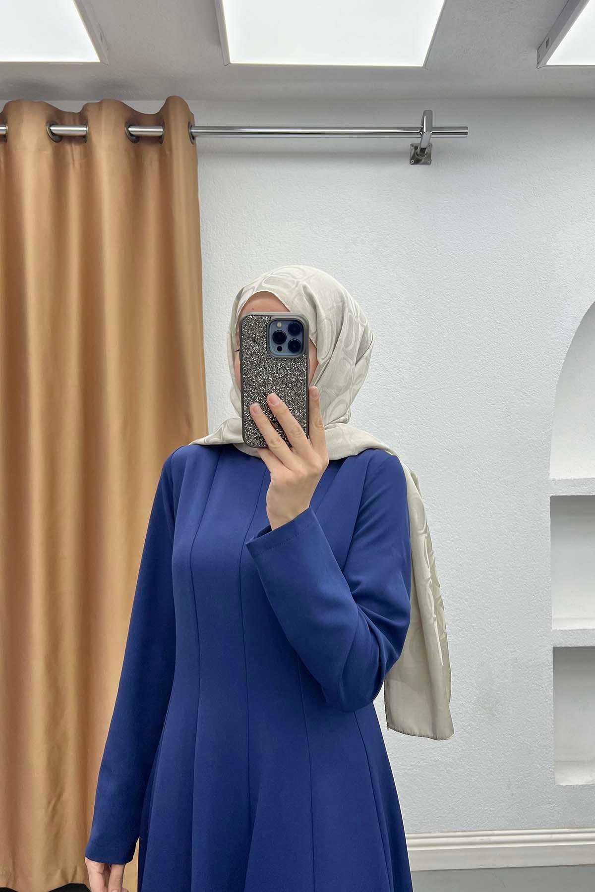 Minimalist Kesim Kemerli Elbise Saks Mavi
