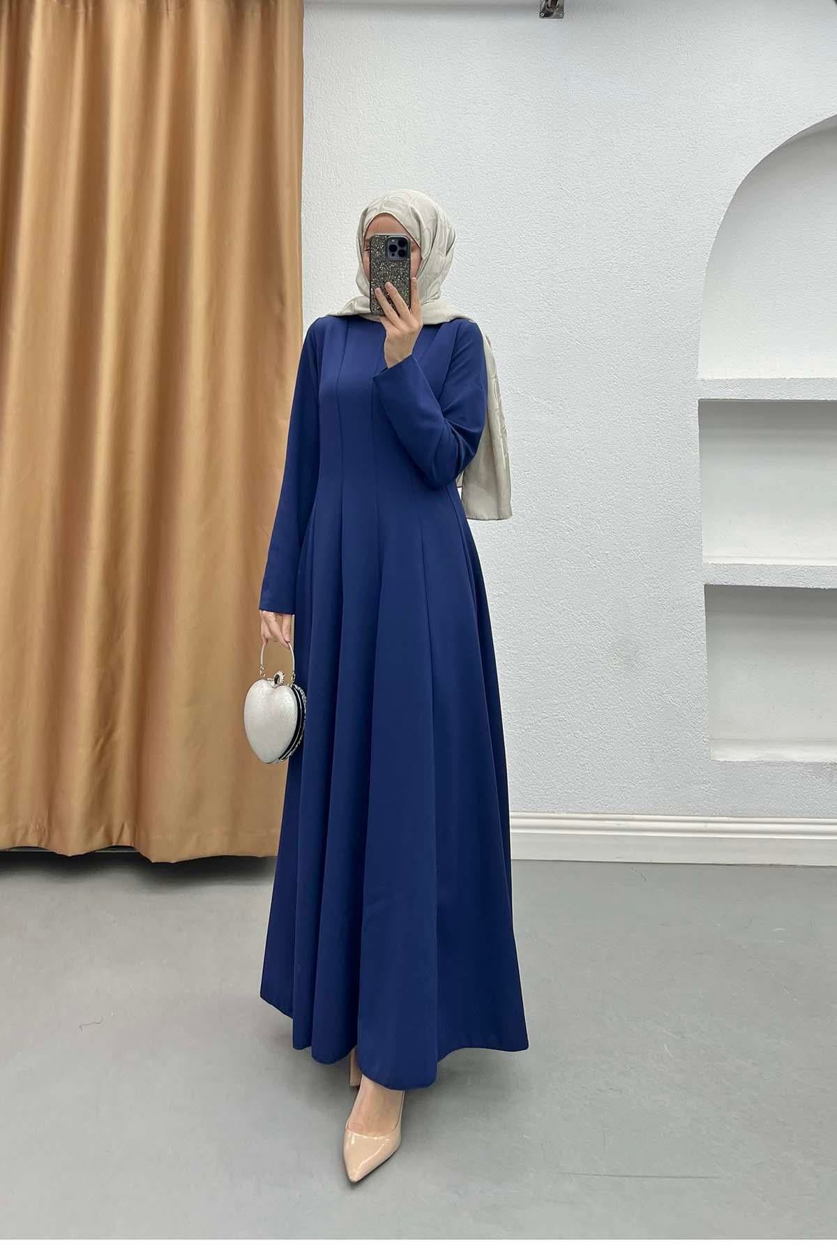 Minimalist Kesim Kemerli Elbise Saks Mavi
