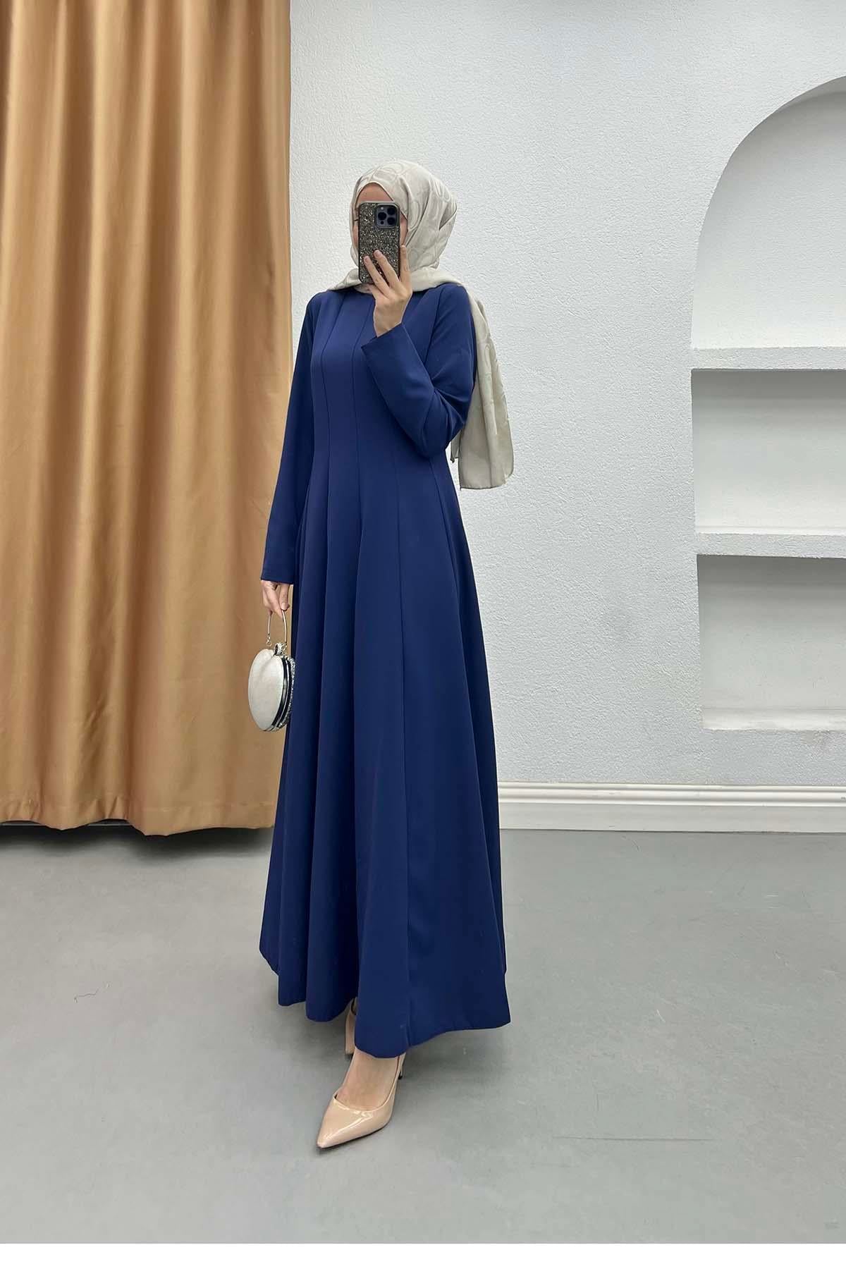 Minimalist Kesim Kemerli Elbise Saks Mavi