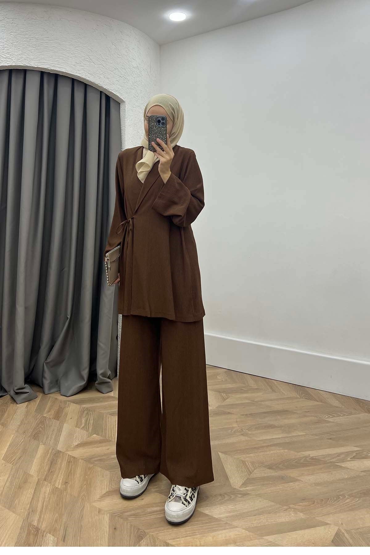 Minimalist Tasarım Kimono Takım Kahve