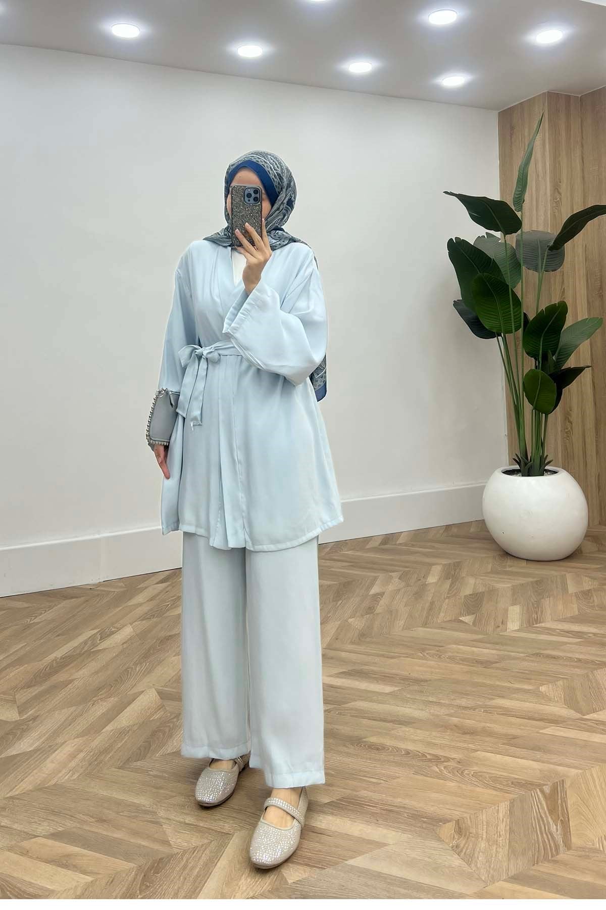 Modern Dökümlü Kimona Takım Bebe Mavi