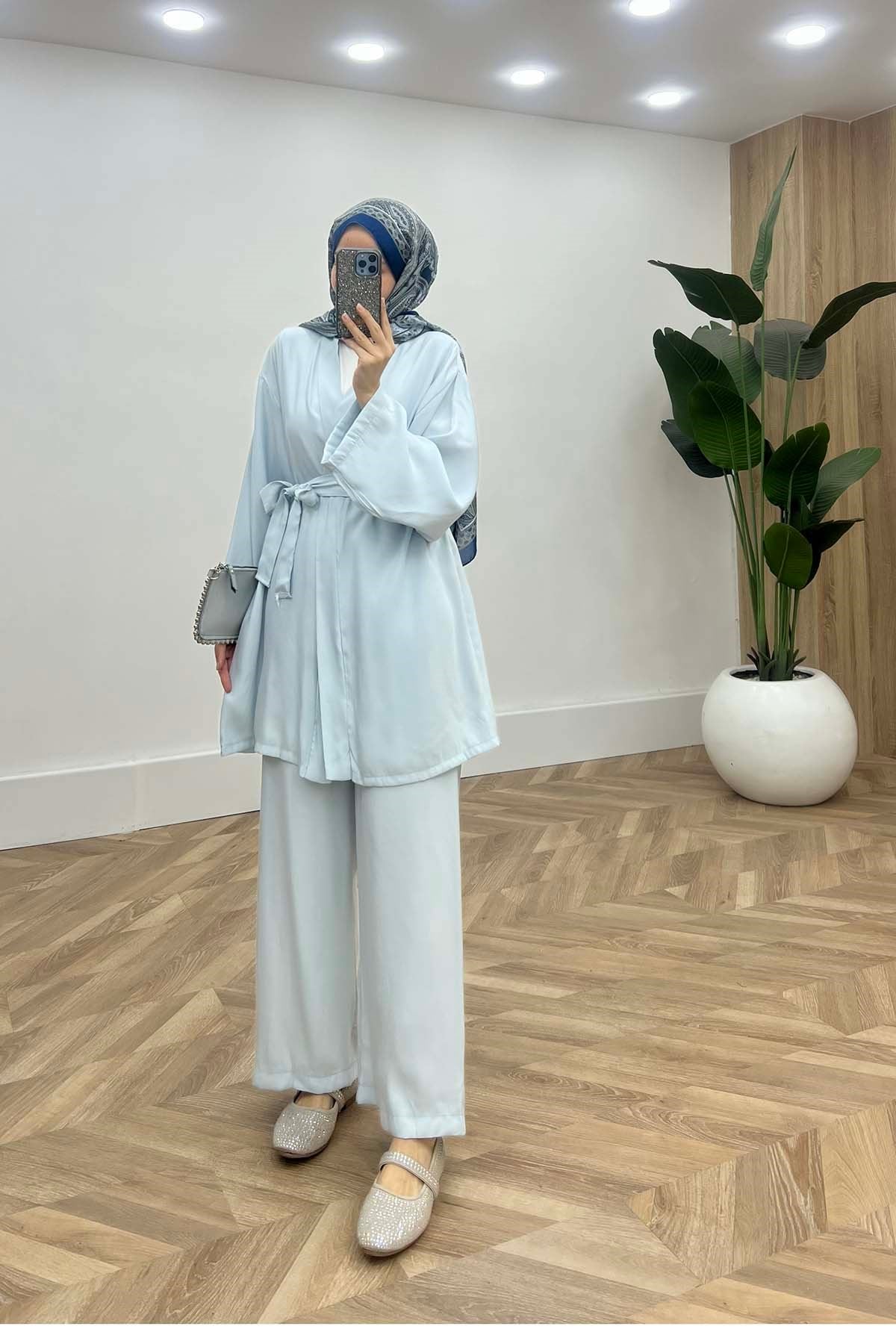 Modern Dökümlü Kimona Takım Bebe Mavi