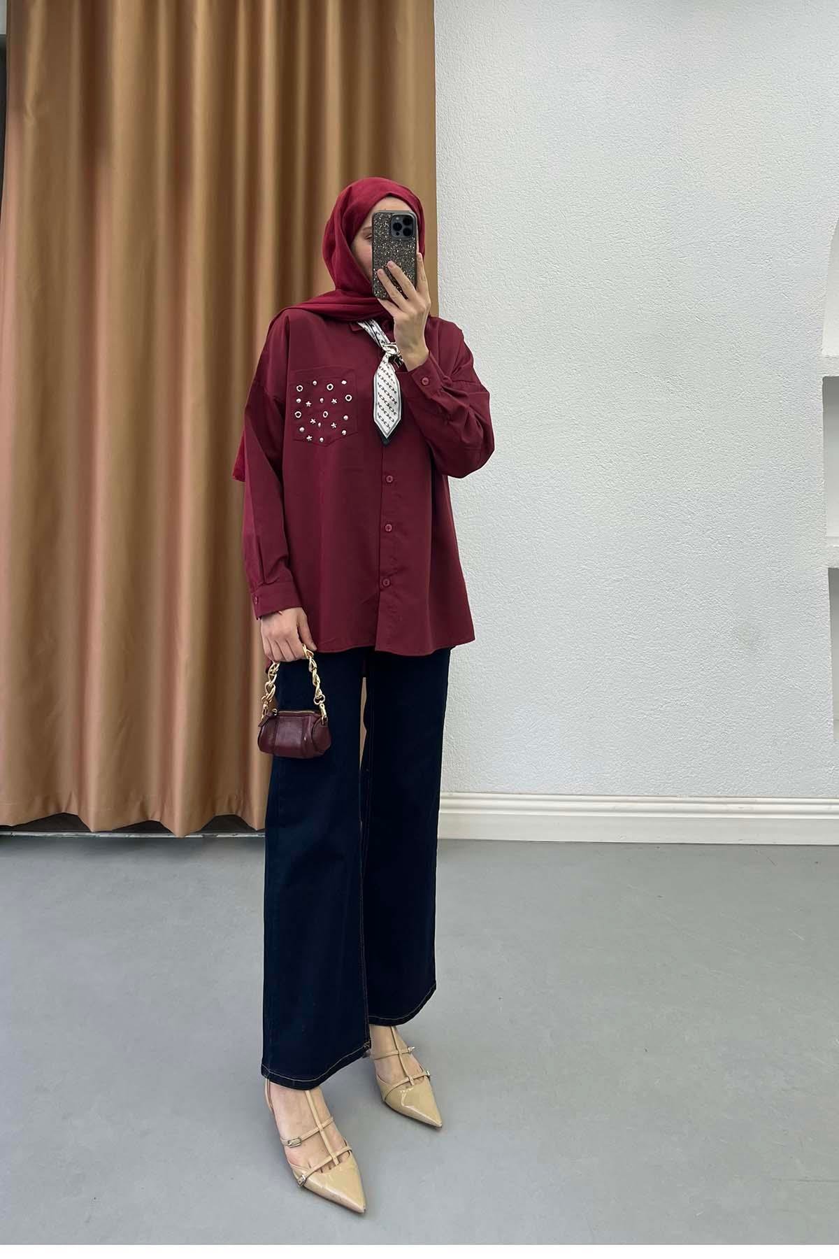 Modern Fularlı Aksesuar Detaylı Gömlek Bordo
