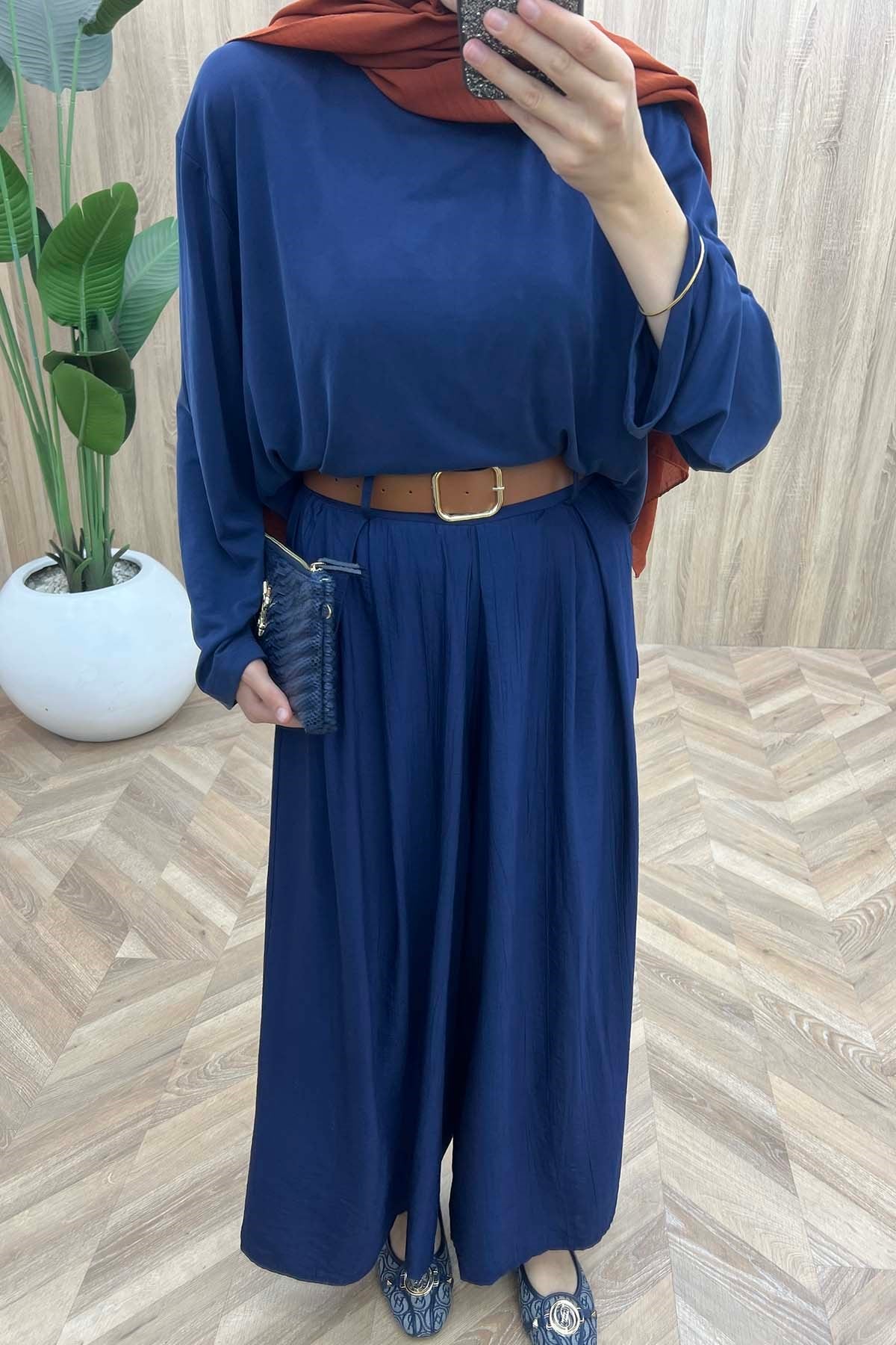 Modern Kemerli Dökümlü Çilek Pantalon Lacivert