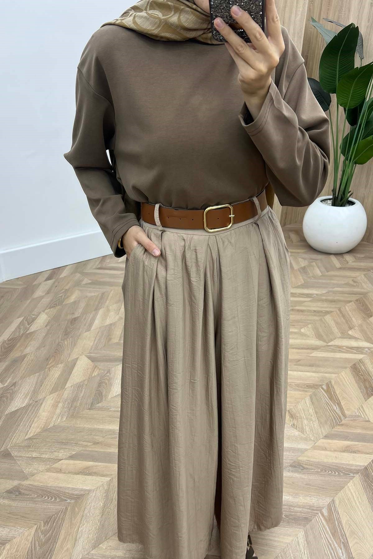 Modern Kemerli Dökümlü Çilek Pantalon Vizon