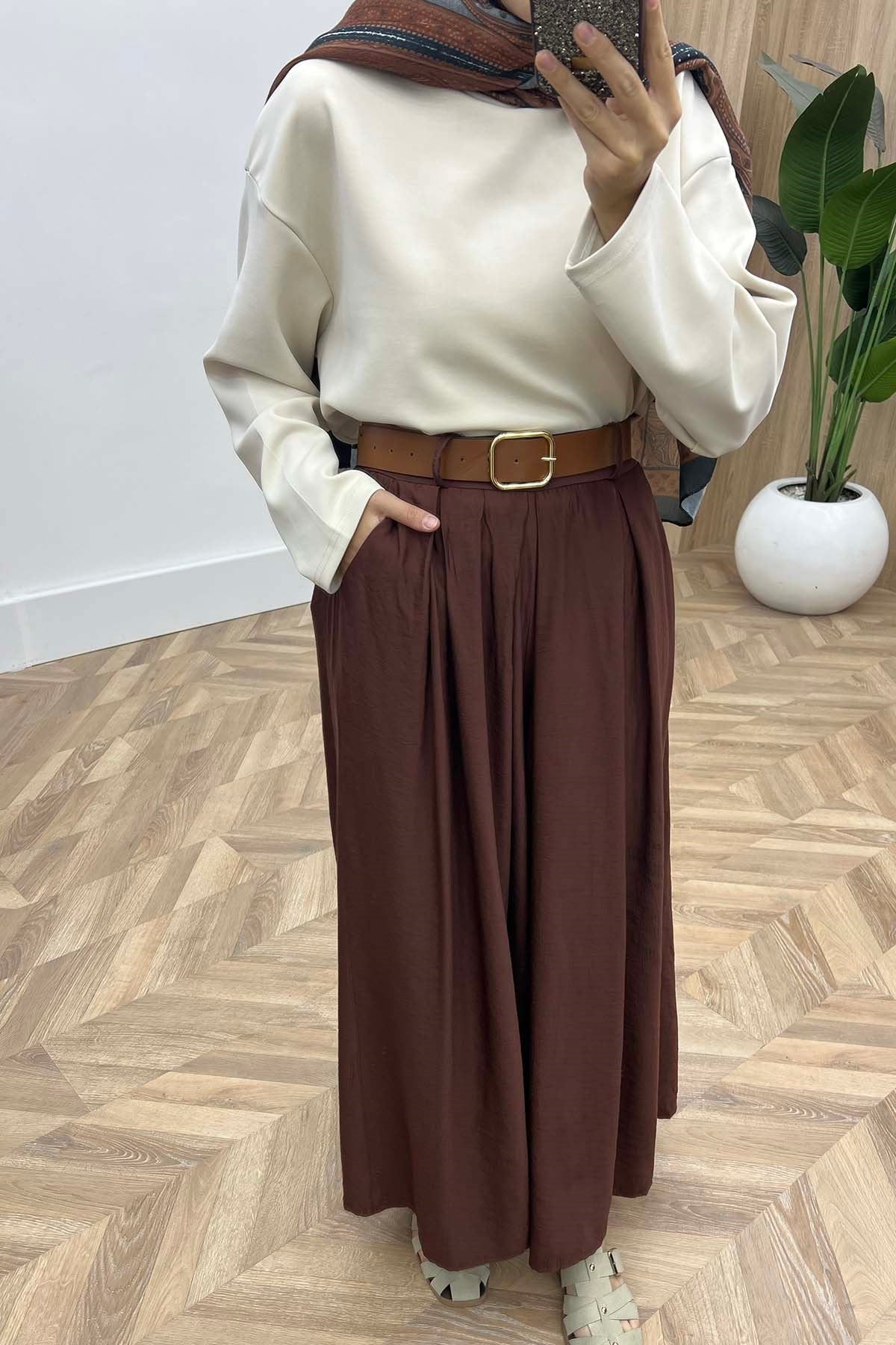 Modern Kemerli Dökümlü Çilek Pantalon Kahve