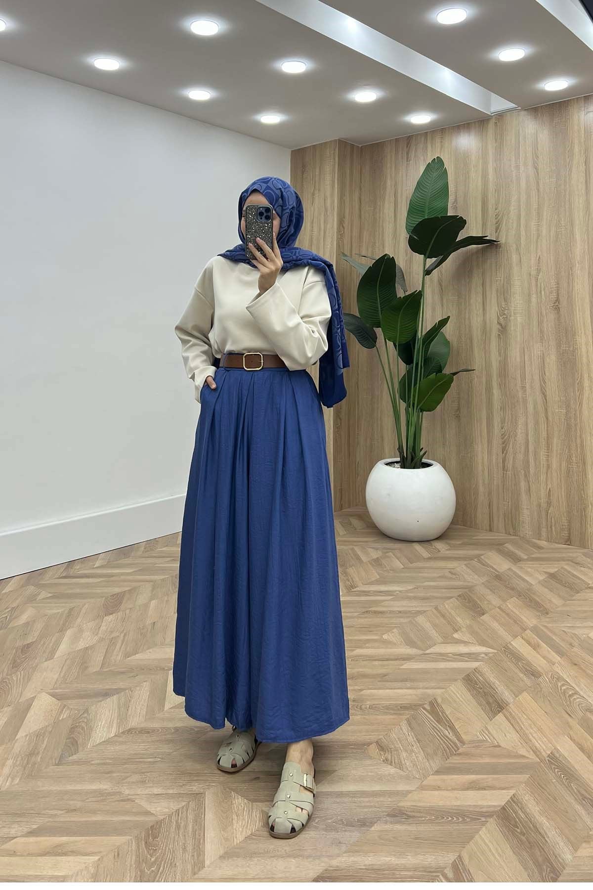 Modern Kemerli Dökümlü Çilek Pantalon İndigo